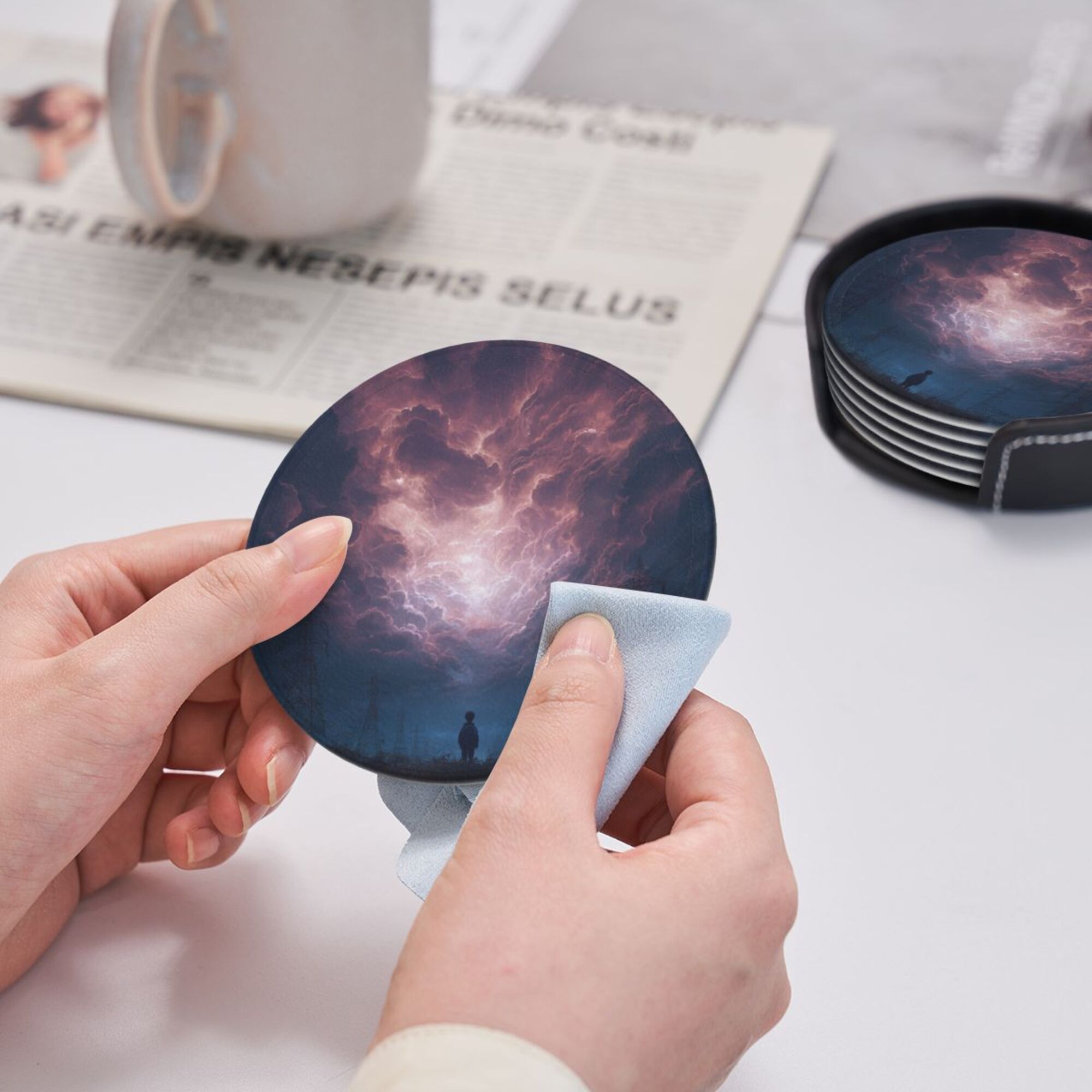 6 - Pack Round Leather Coasters: Purple Sky Figure Pattern, Exquisite Storage, Protecting the Desktop