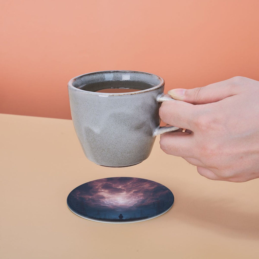 6 - Pack Round Leather Coasters: Purple Sky Figure Pattern, Exquisite Storage, Protecting the Desktop