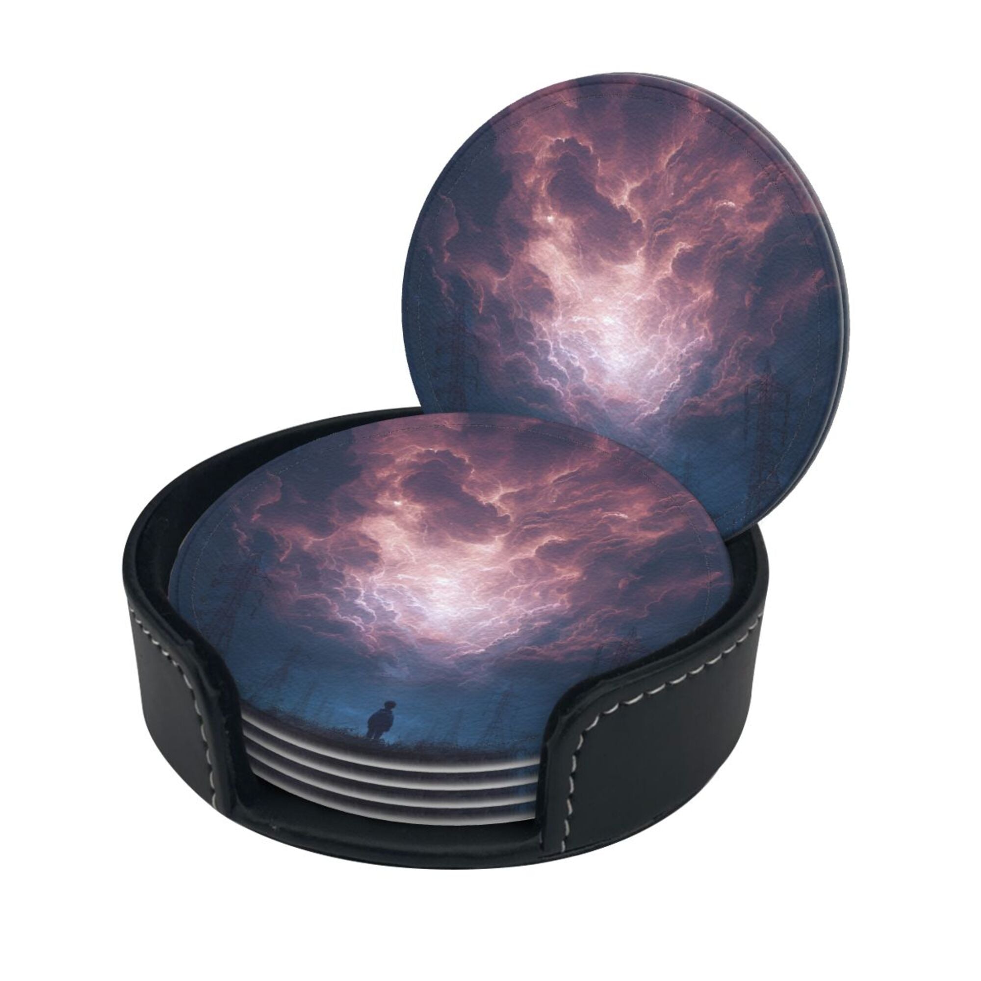 6 - Pack Round Leather Coasters: Purple Sky Figure Pattern, Exquisite Storage, Protecting the Desktop