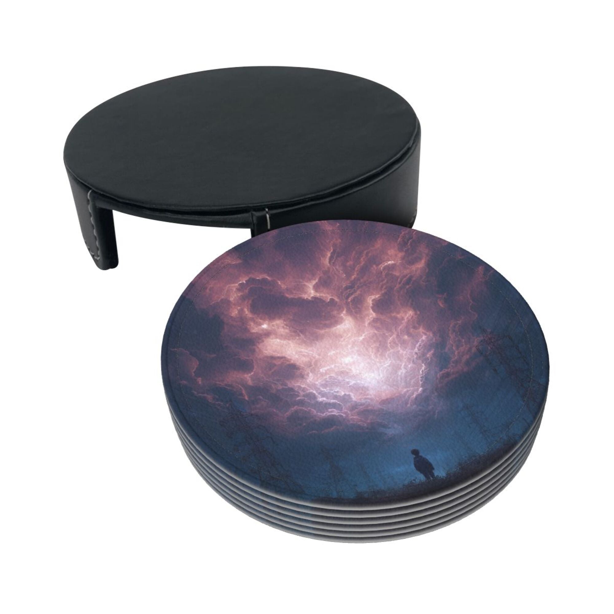 6 - Pack Round Leather Coasters: Purple Sky Figure Pattern, Exquisite Storage, Protecting the Desktop