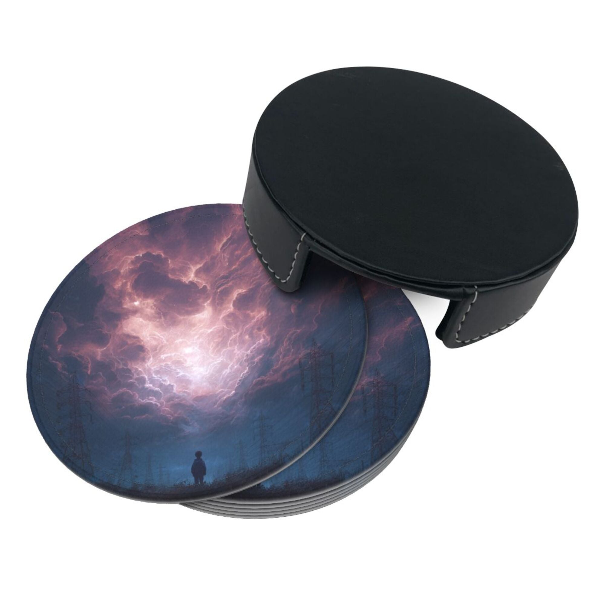 6 - Pack Round Leather Coasters: Purple Sky Figure Pattern, Exquisite Storage, Protecting the Desktop