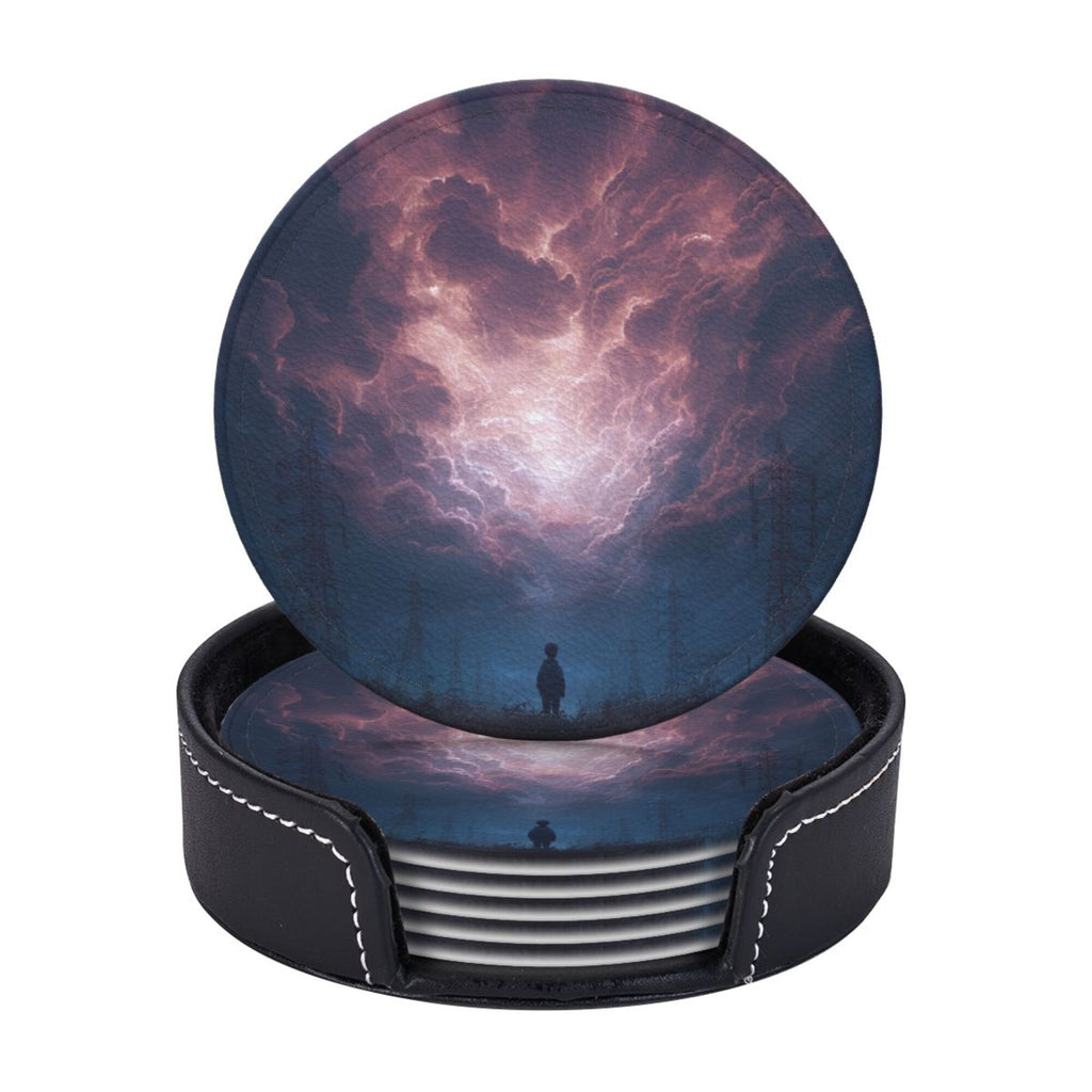 6 - Pack Round Leather Coasters: Purple Sky Figure Pattern, Exquisite Storage, Protecting the Desktop