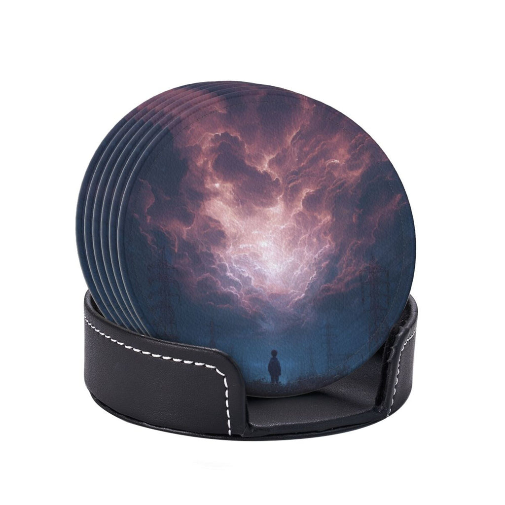 6 - Pack Round Leather Coasters: Purple Sky Figure Pattern, Exquisite Storage, Protecting the Desktop