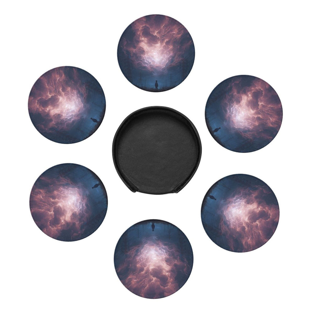 6 - Pack Round Leather Coasters: Purple Sky Figure Pattern, Exquisite Storage, Protecting the Desktop