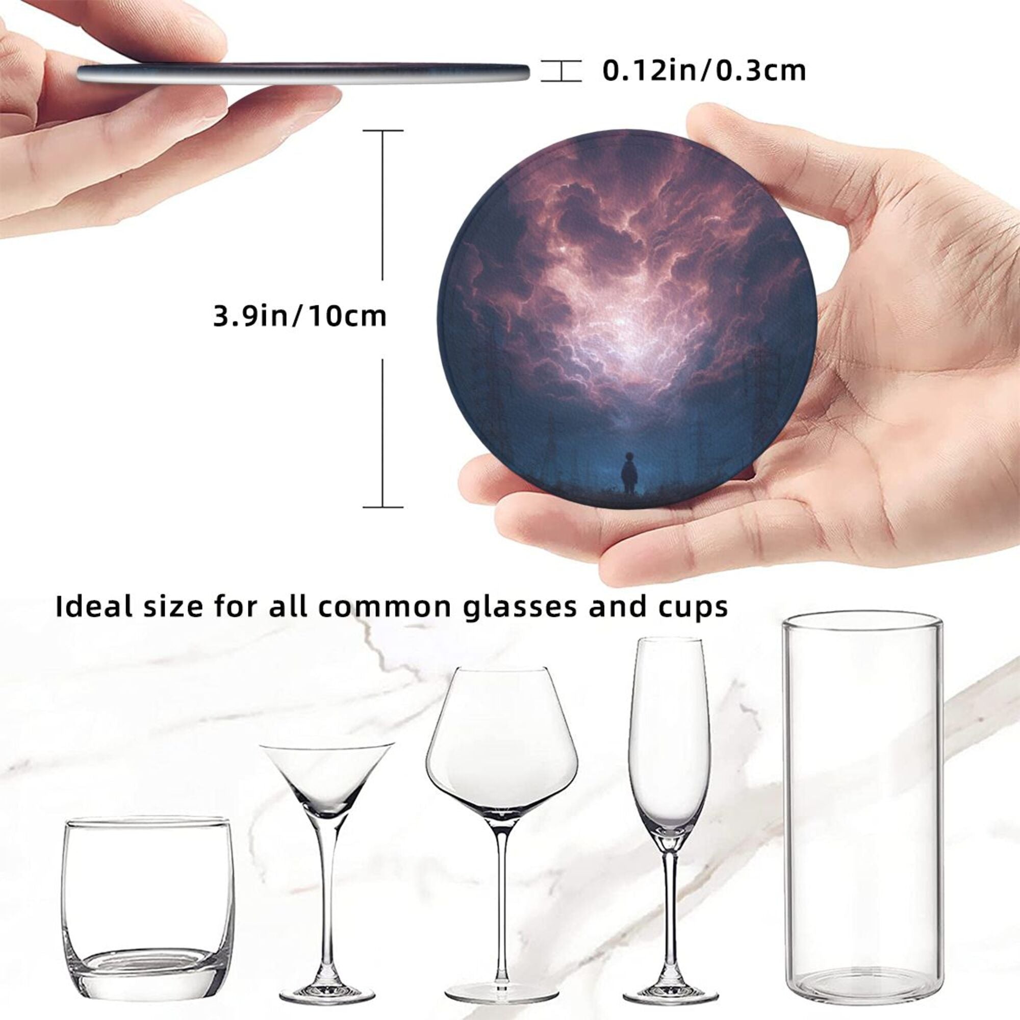 6 - Pack Round Leather Coasters: Purple Sky Figure Pattern, Exquisite Storage, Protecting the Desktop
