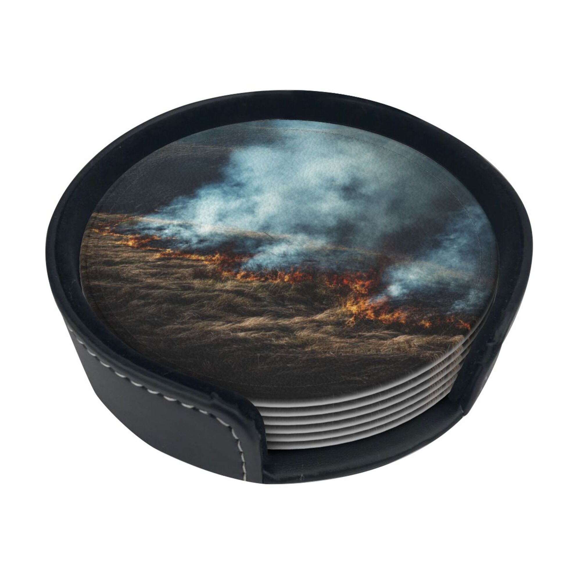 6 - Pack Round Leather Coasters: Wilderness Wildfire Pattern, Exquisite Storage, Protecting the Desktop