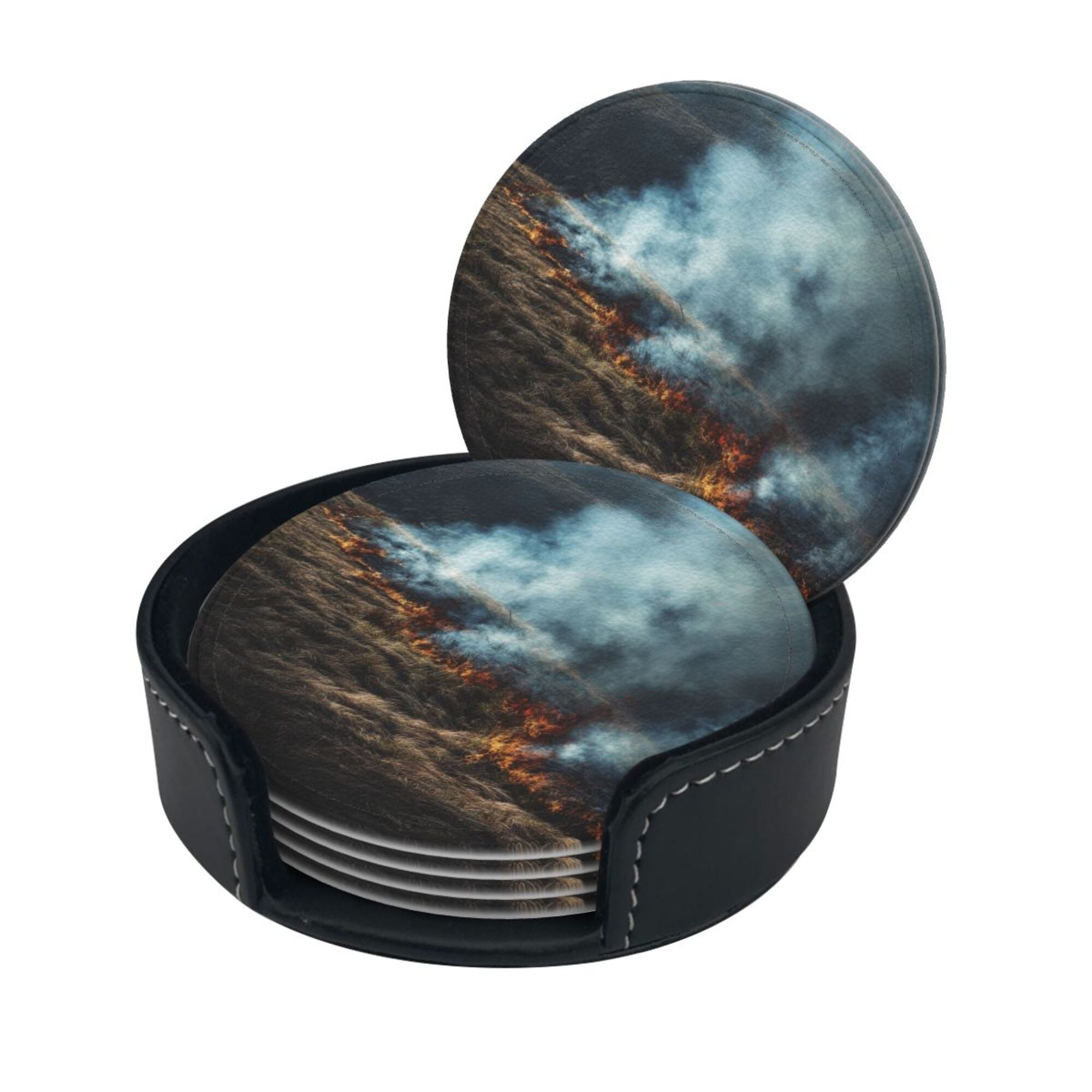6 - Pack Round Leather Coasters: Wilderness Wildfire Pattern, Exquisite Storage, Protecting the Desktop