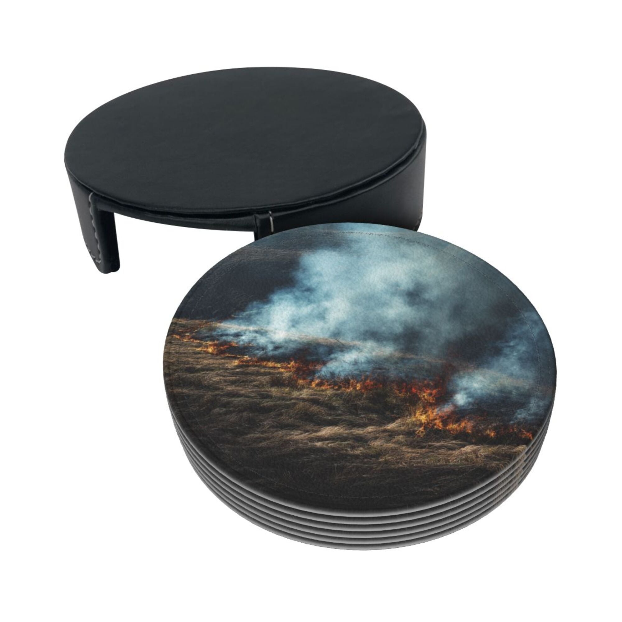 6 - Pack Round Leather Coasters: Wilderness Wildfire Pattern, Exquisite Storage, Protecting the Desktop