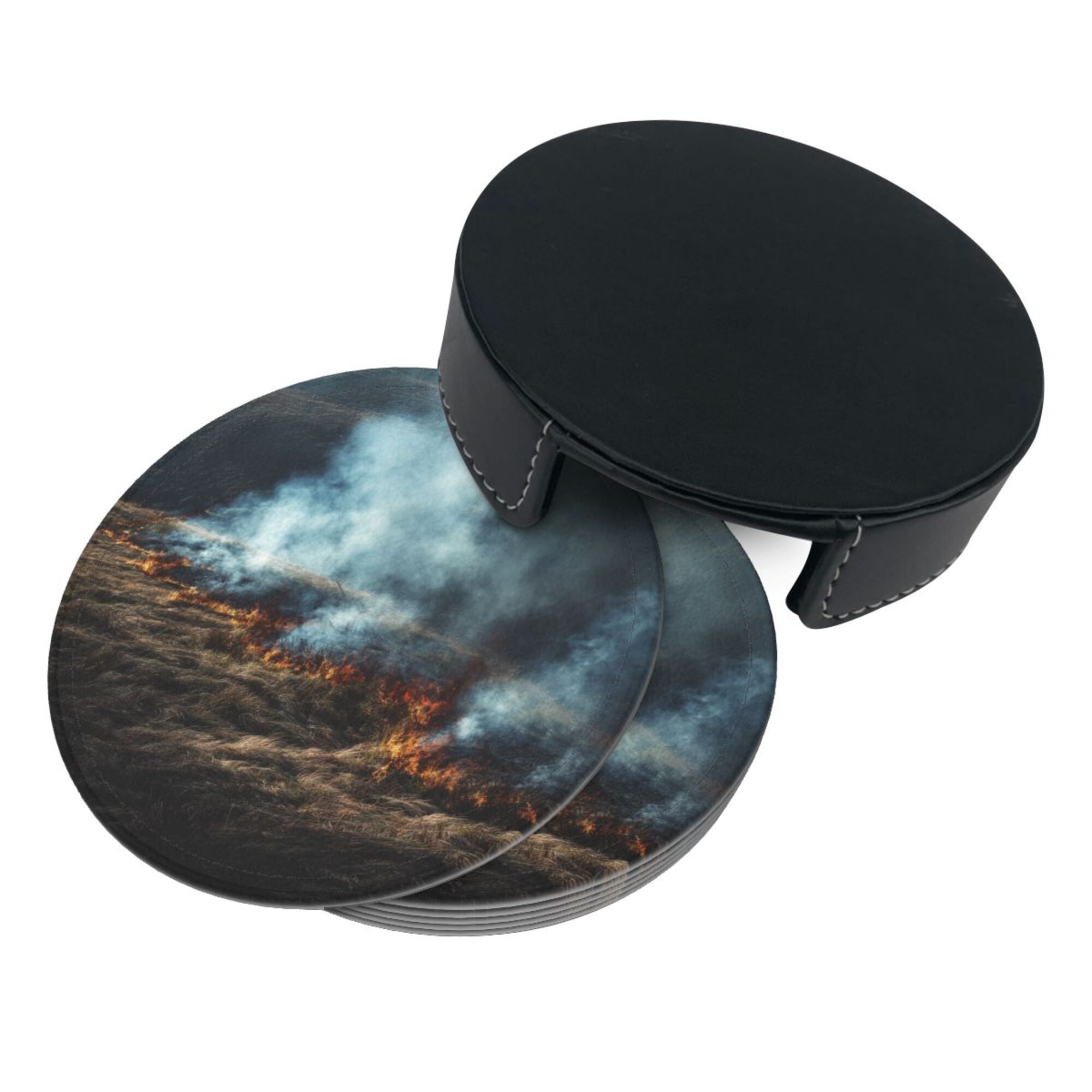 6 - Pack Round Leather Coasters: Wilderness Wildfire Pattern, Exquisite Storage, Protecting the Desktop