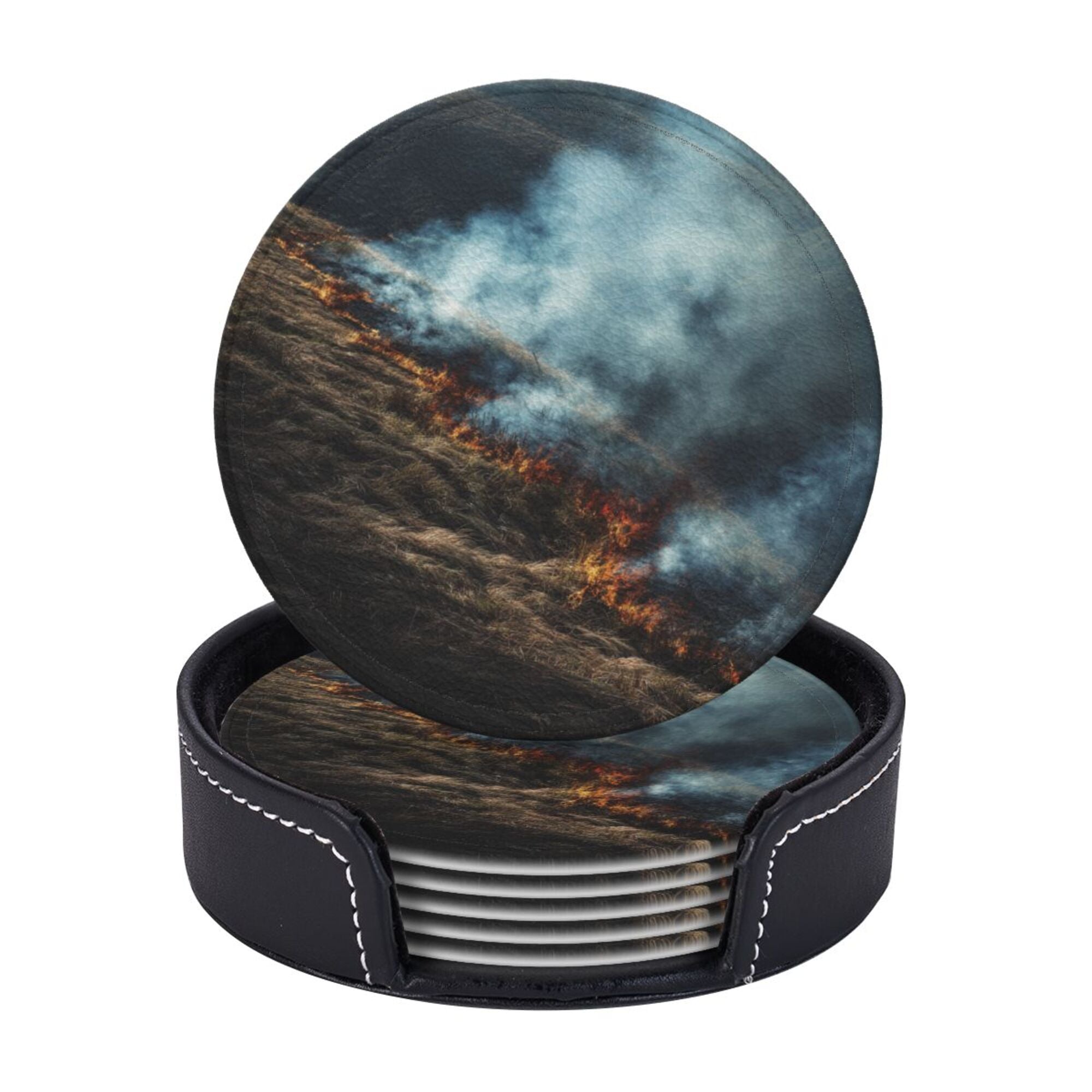 6 - Pack Round Leather Coasters: Wilderness Wildfire Pattern, Exquisite Storage, Protecting the Desktop