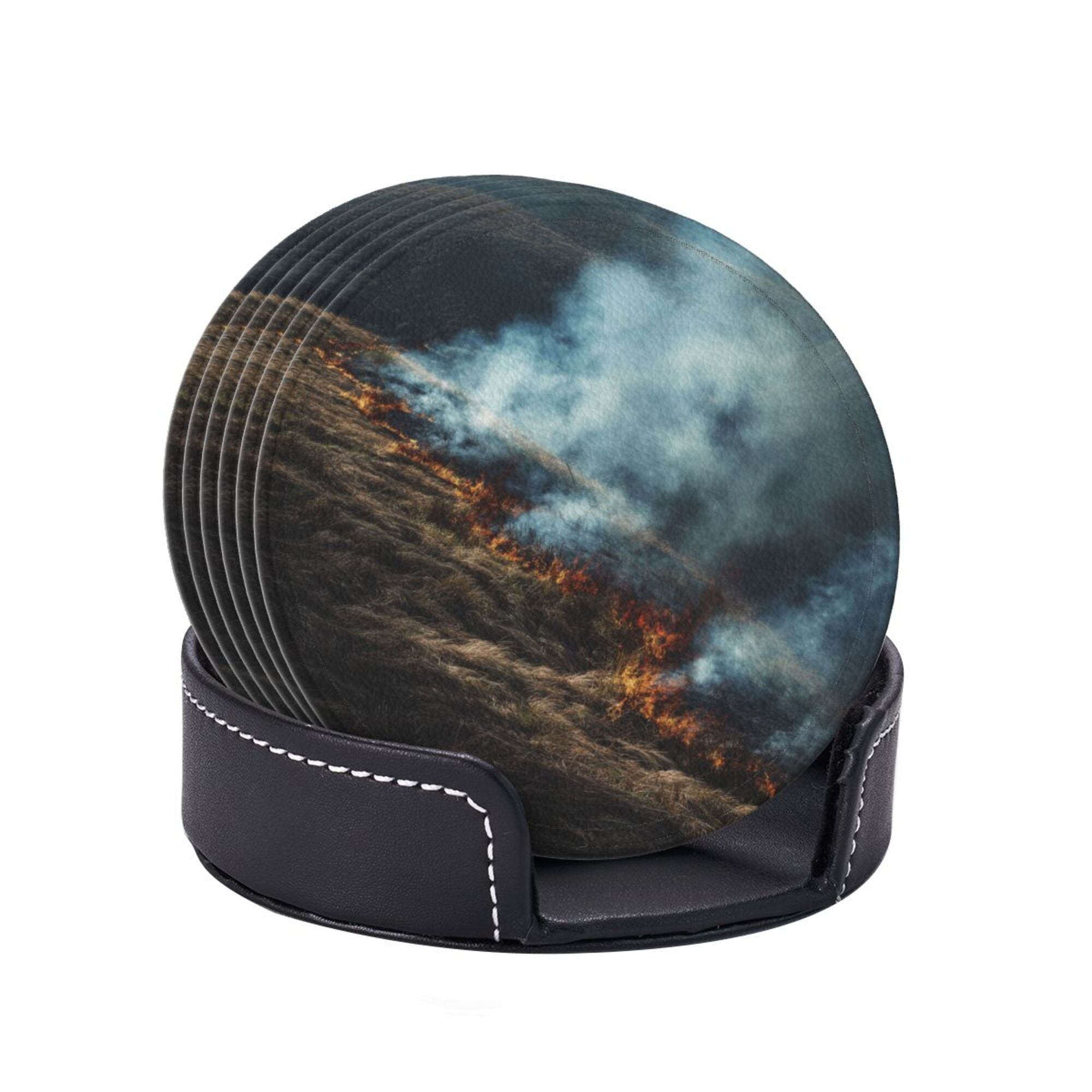 6 - Pack Round Leather Coasters: Wilderness Wildfire Pattern, Exquisite Storage, Protecting the Desktop