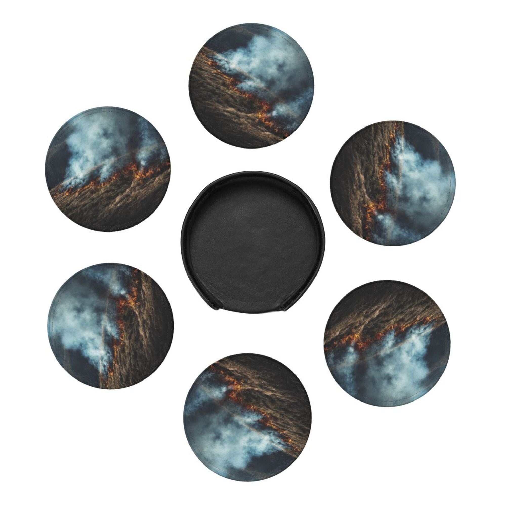 6 - Pack Round Leather Coasters: Wilderness Wildfire Pattern, Exquisite Storage, Protecting the Desktop