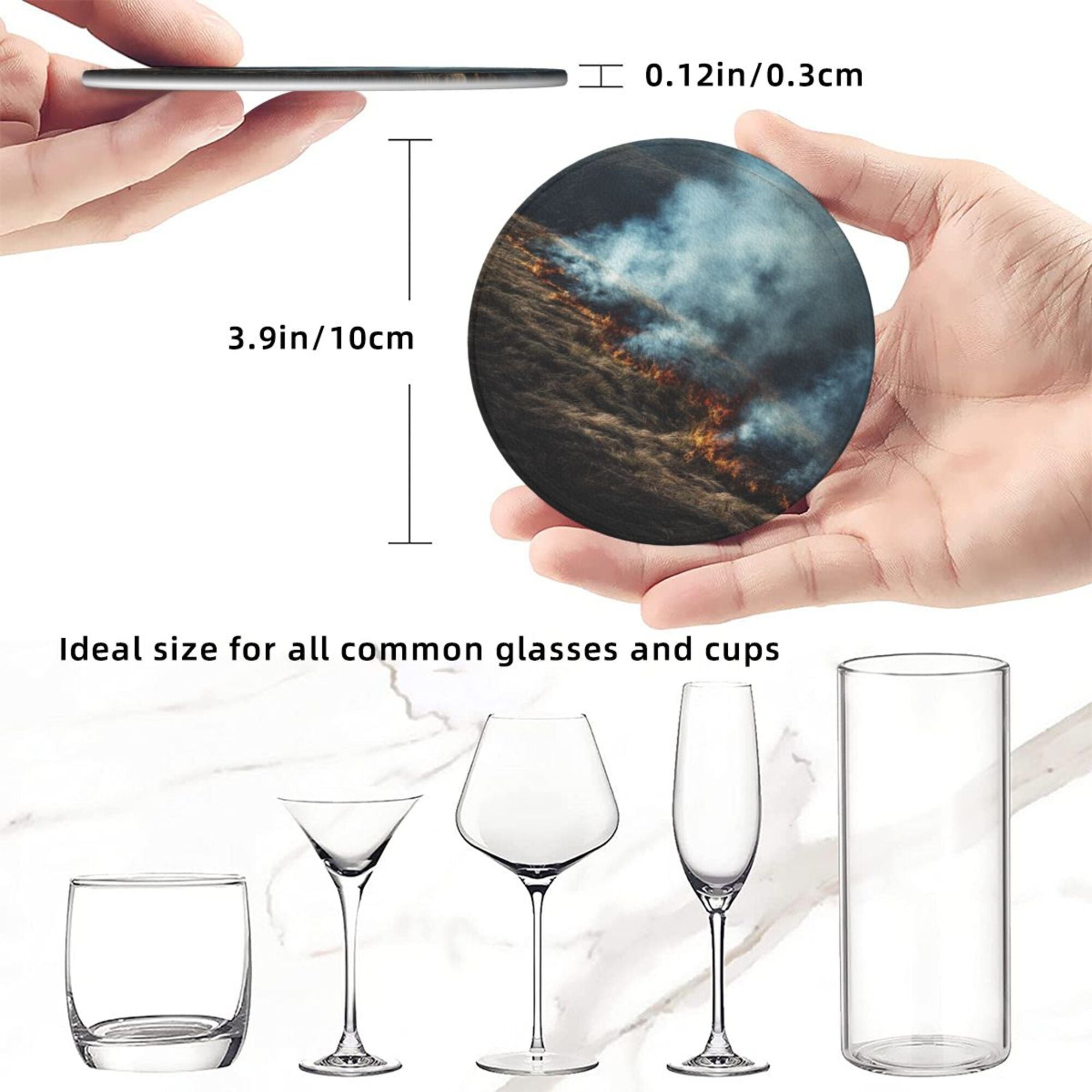 6 - Pack Round Leather Coasters: Wilderness Wildfire Pattern, Exquisite Storage, Protecting the Desktop