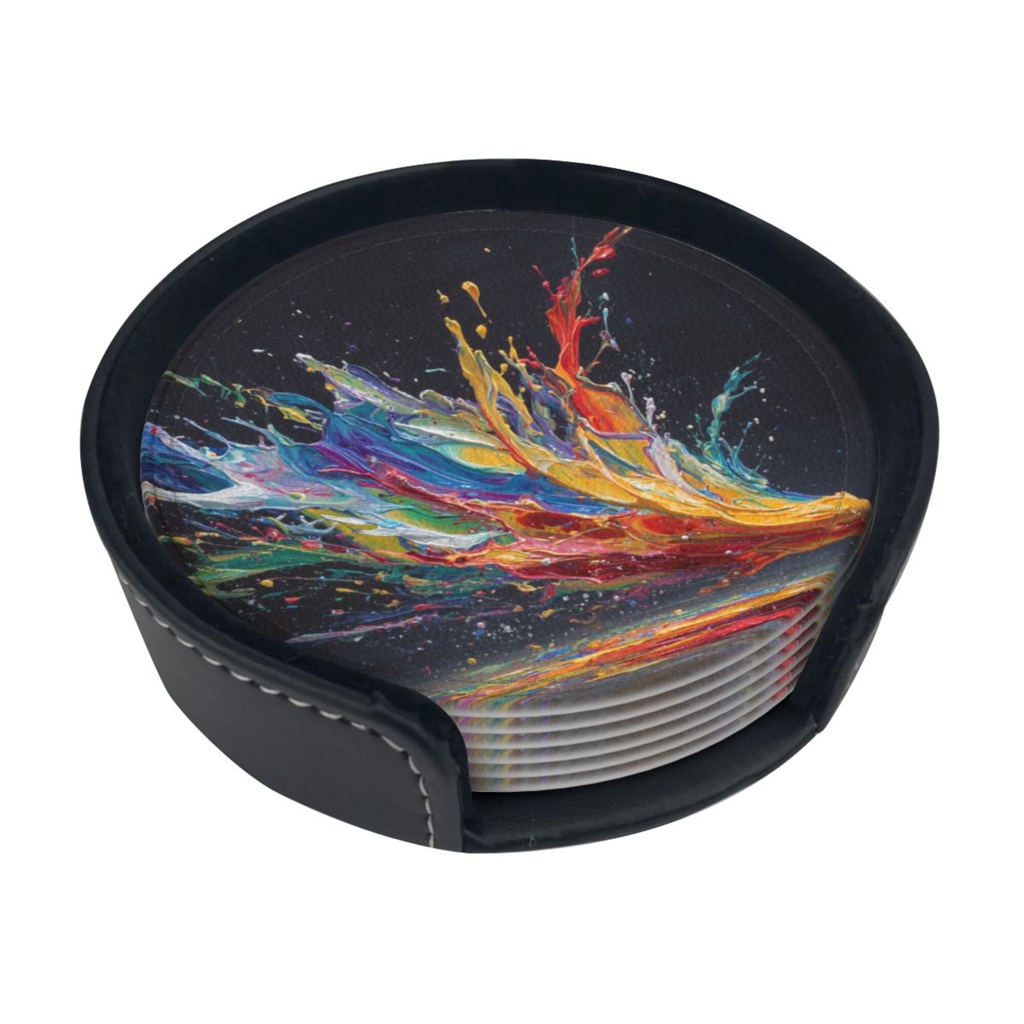6 - Pack Round Leather Coasters: Colorful Splash Pattern, Exquisite Storage, Protecting the Desktop