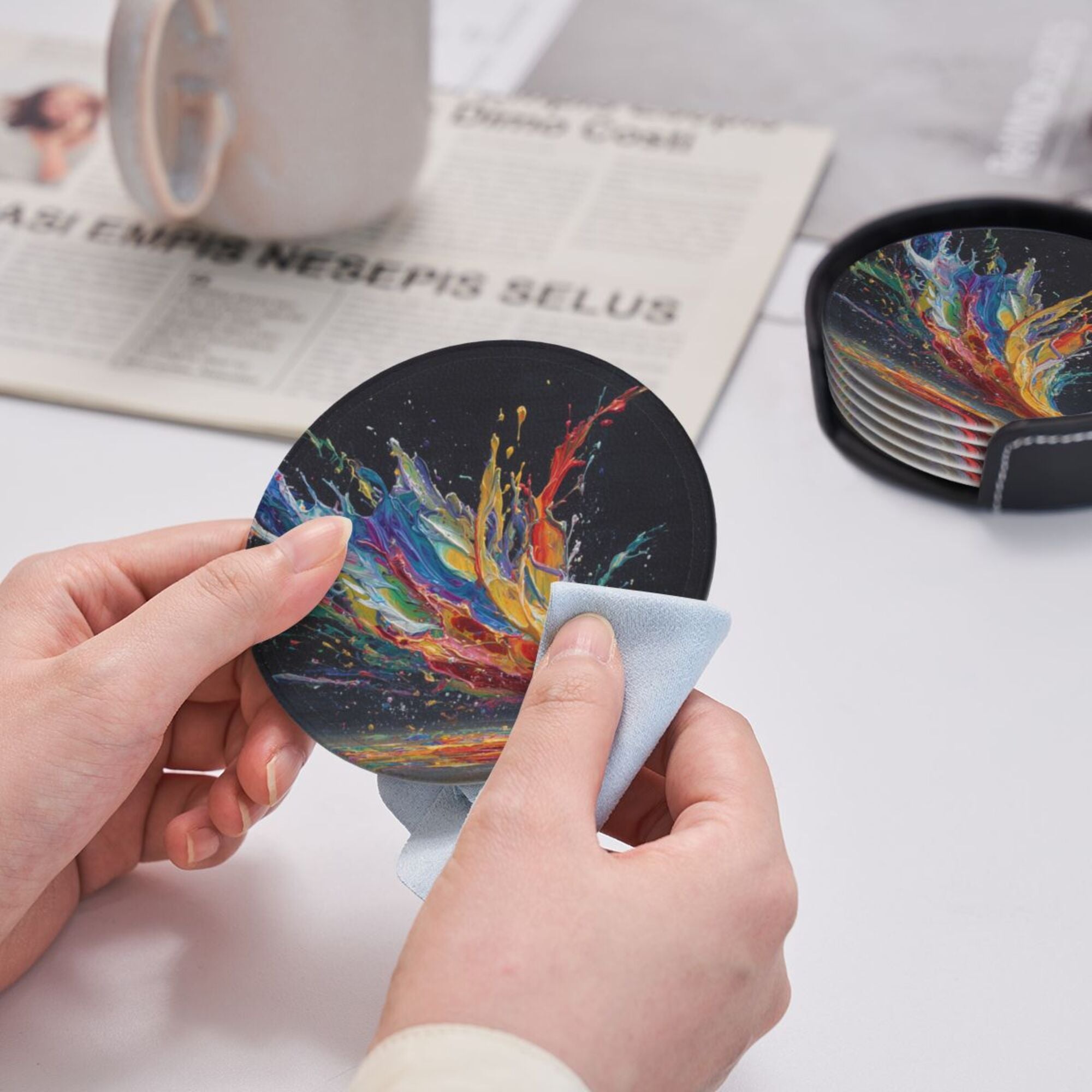 6 - Pack Round Leather Coasters: Colorful Splash Pattern, Exquisite Storage, Protecting the Desktop