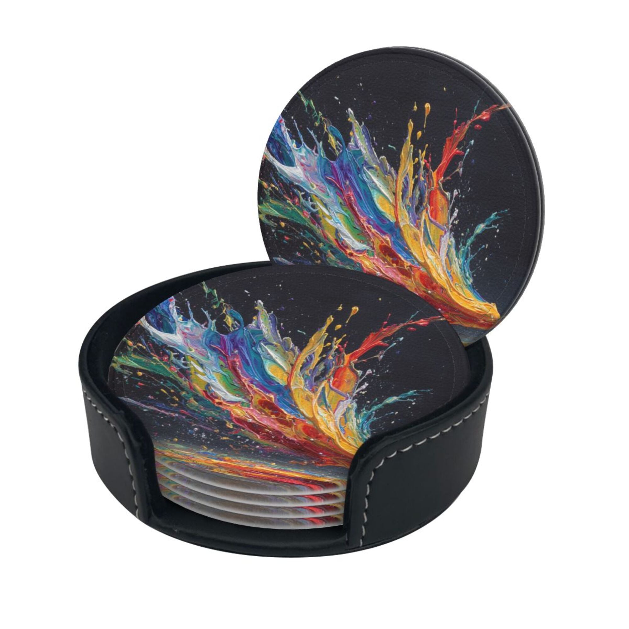 6 - Pack Round Leather Coasters: Colorful Splash Pattern, Exquisite Storage, Protecting the Desktop