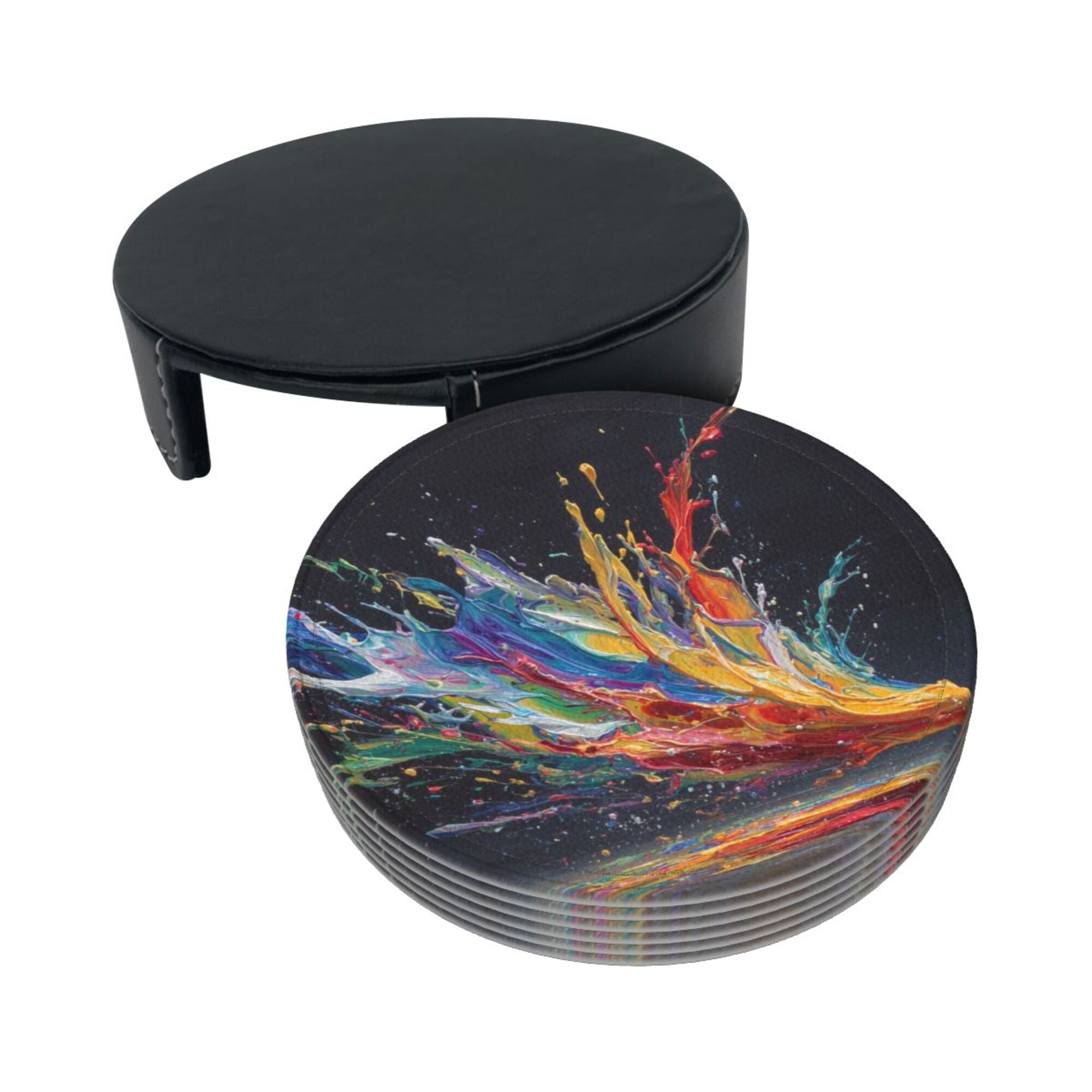 6 - Pack Round Leather Coasters: Colorful Splash Pattern, Exquisite Storage, Protecting the Desktop