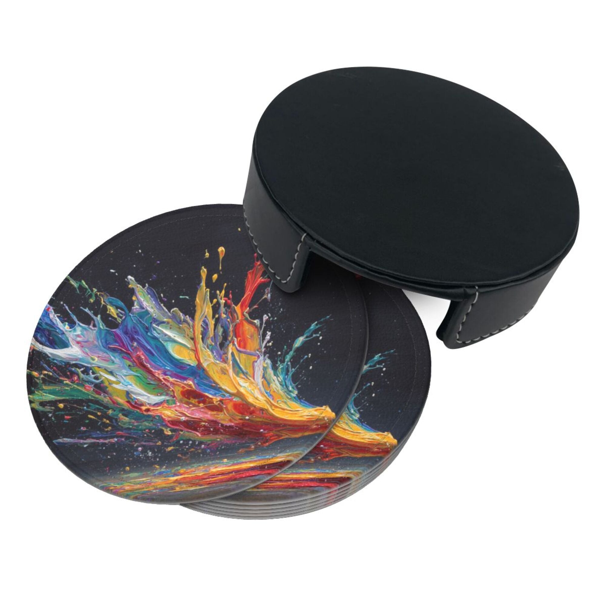 6 - Pack Round Leather Coasters: Colorful Splash Pattern, Exquisite Storage, Protecting the Desktop