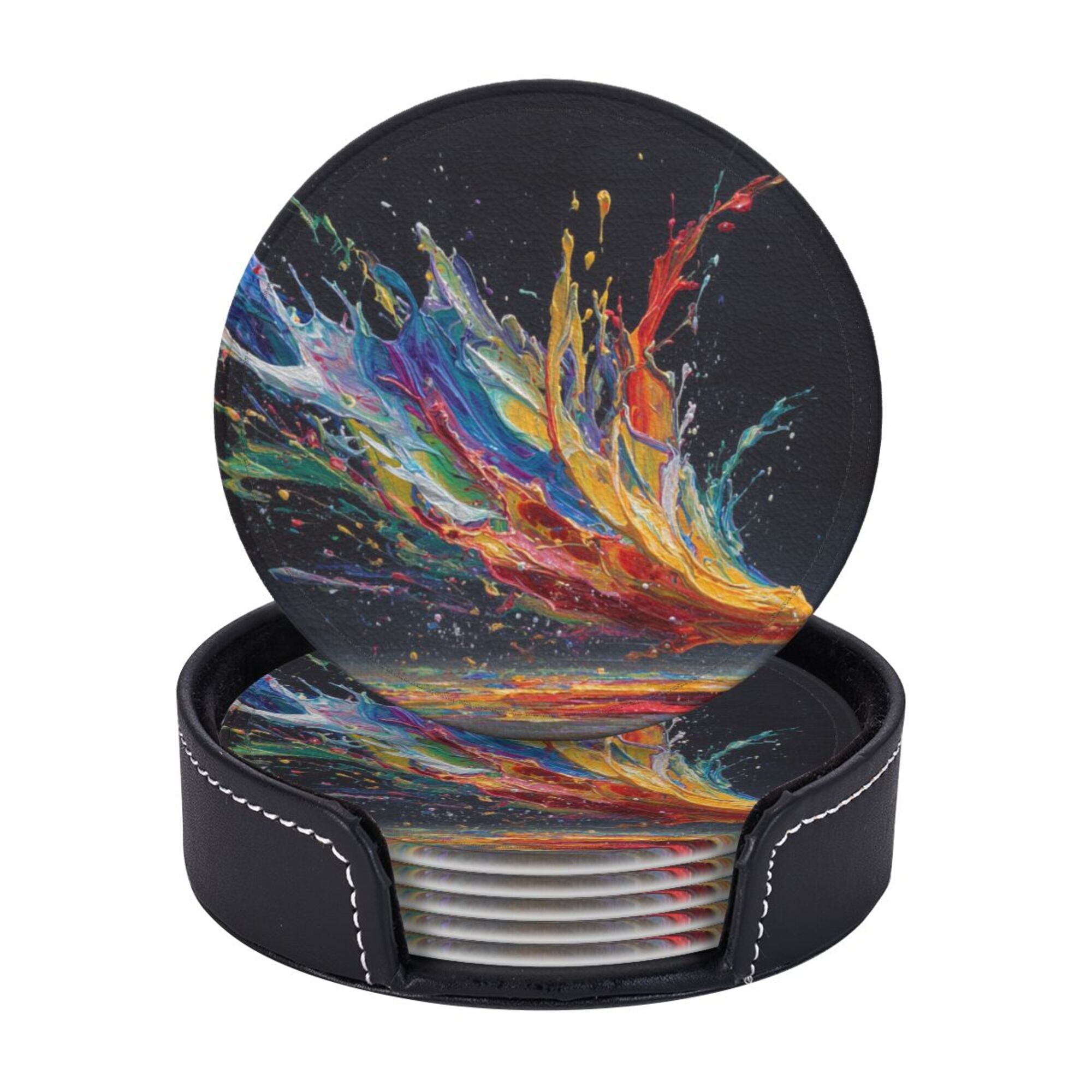 6 - Pack Round Leather Coasters: Colorful Splash Pattern, Exquisite Storage, Protecting the Desktop