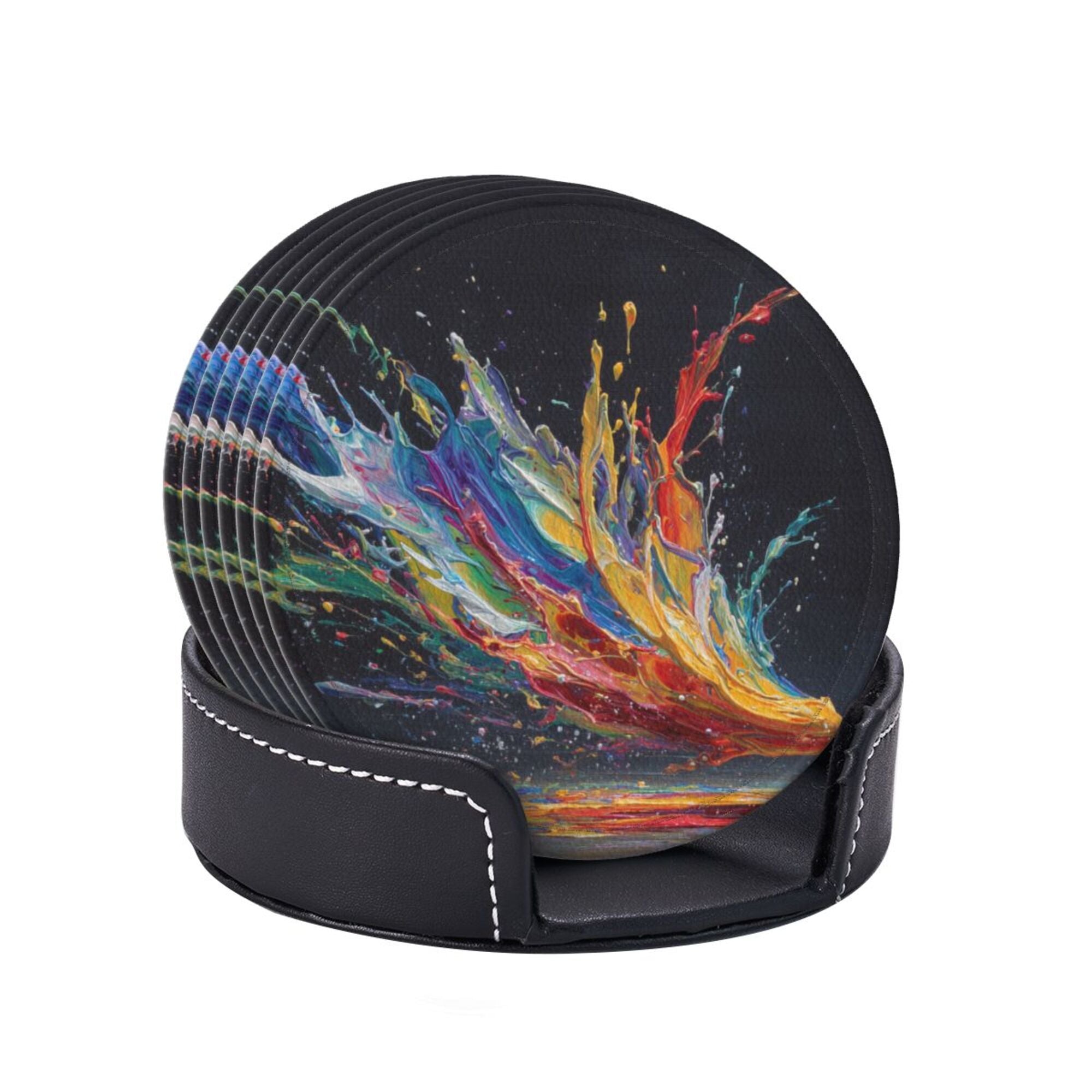 6 - Pack Round Leather Coasters: Colorful Splash Pattern, Exquisite Storage, Protecting the Desktop