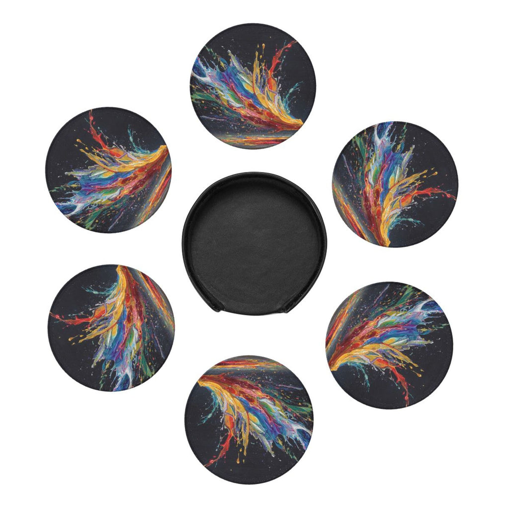 6 - Pack Round Leather Coasters: Colorful Splash Pattern, Exquisite Storage, Protecting the Desktop