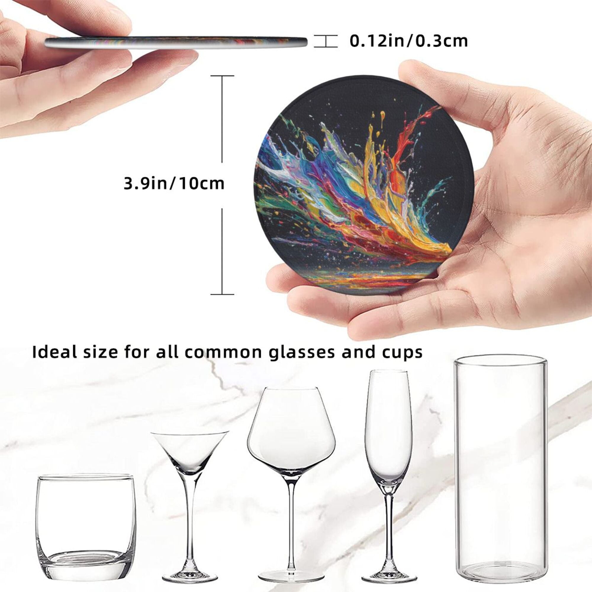 6 - Pack Round Leather Coasters: Colorful Splash Pattern, Exquisite Storage, Protecting the Desktop