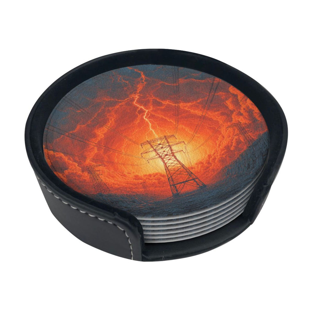 6 - Pack Round Leather Coasters: Lightning and Power Tower Pattern, Exquisite Storage, Protecting the Desktop