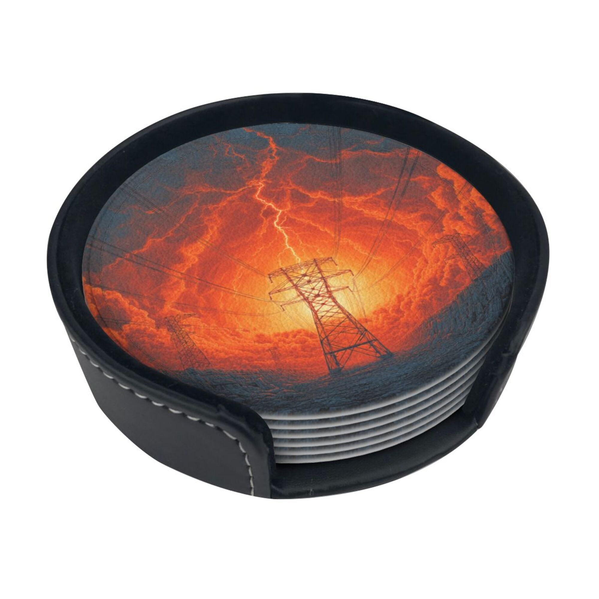 6 - Pack Round Leather Coasters: Lightning and Power Tower Pattern, Exquisite Storage, Protecting the Desktop