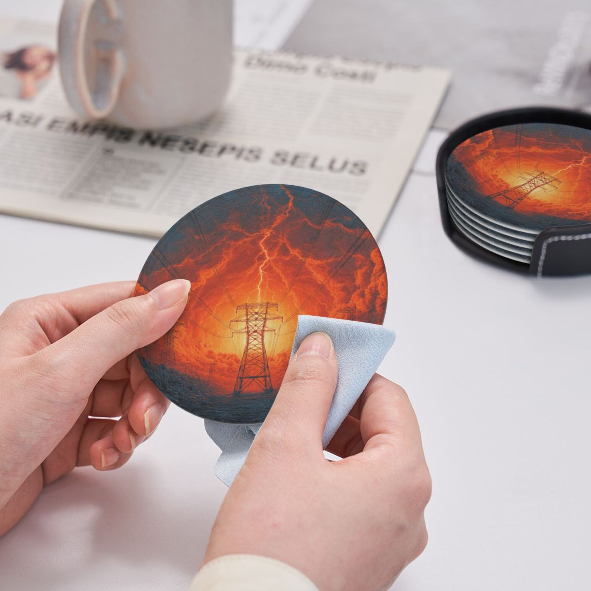 6 - Pack Round Leather Coasters: Lightning and Power Tower Pattern, Exquisite Storage, Protecting the Desktop
