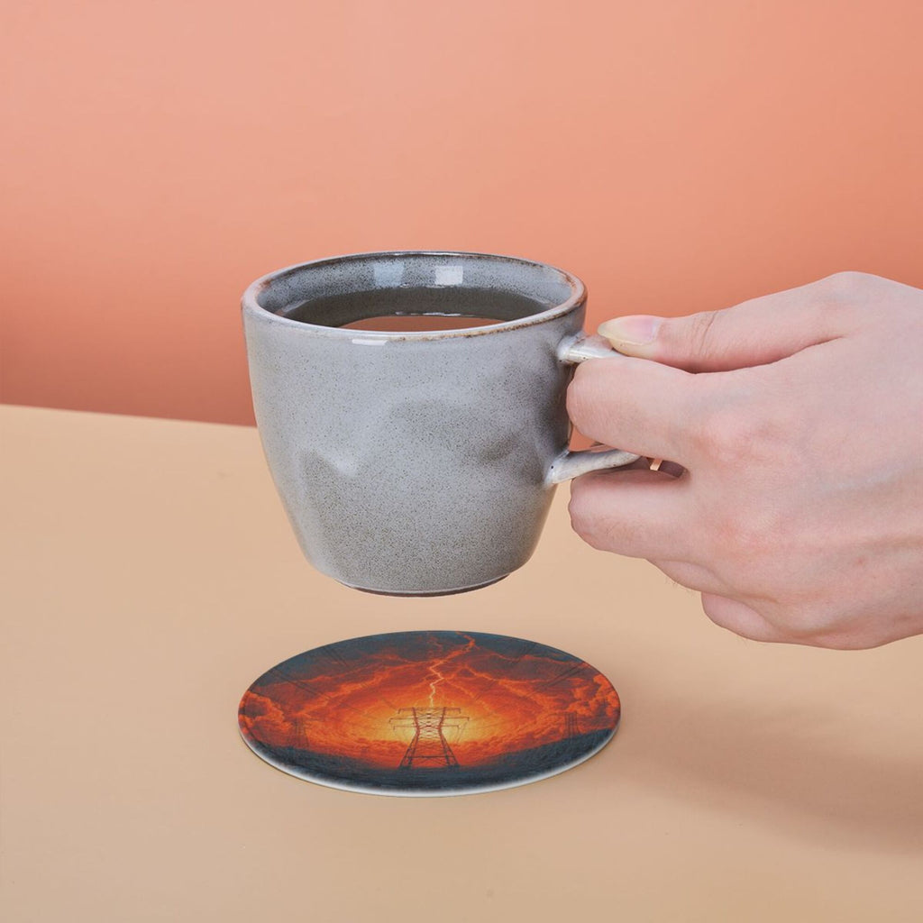 6 - Pack Round Leather Coasters: Lightning and Power Tower Pattern, Exquisite Storage, Protecting the Desktop