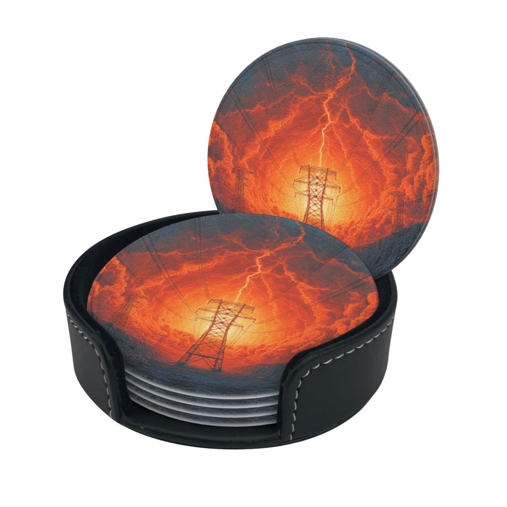6 - Pack Round Leather Coasters: Lightning and Power Tower Pattern, Exquisite Storage, Protecting the Desktop