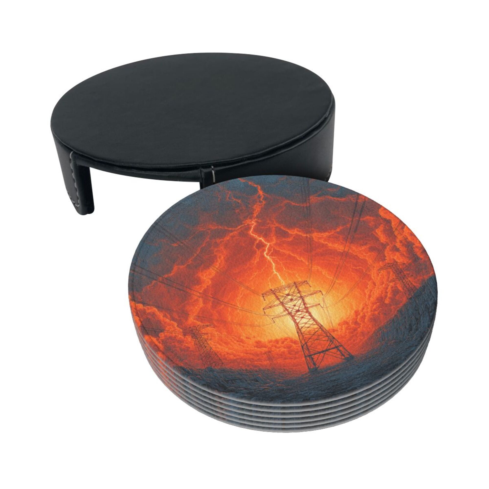 6 - Pack Round Leather Coasters: Lightning and Power Tower Pattern, Exquisite Storage, Protecting the Desktop