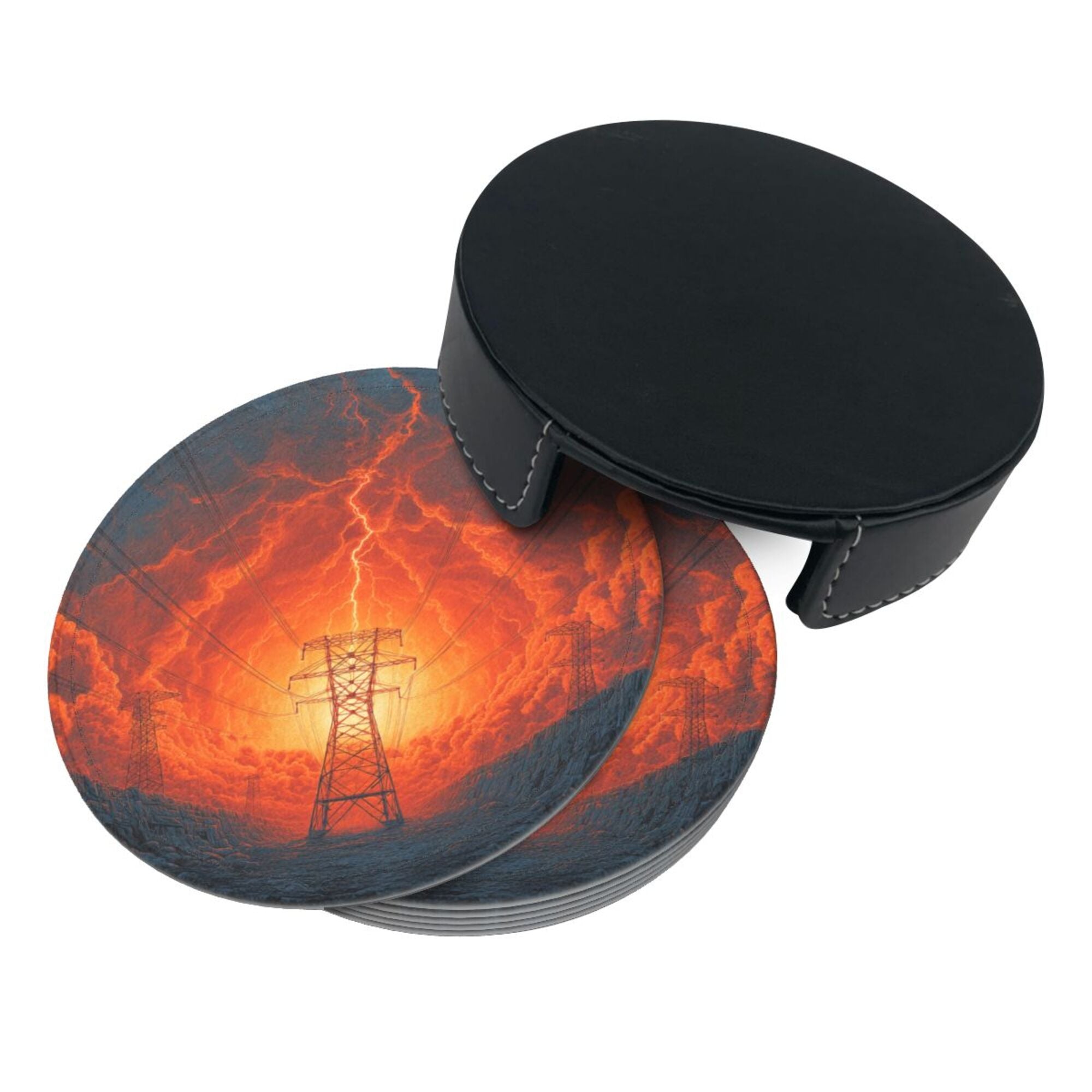 6 - Pack Round Leather Coasters: Lightning and Power Tower Pattern, Exquisite Storage, Protecting the Desktop