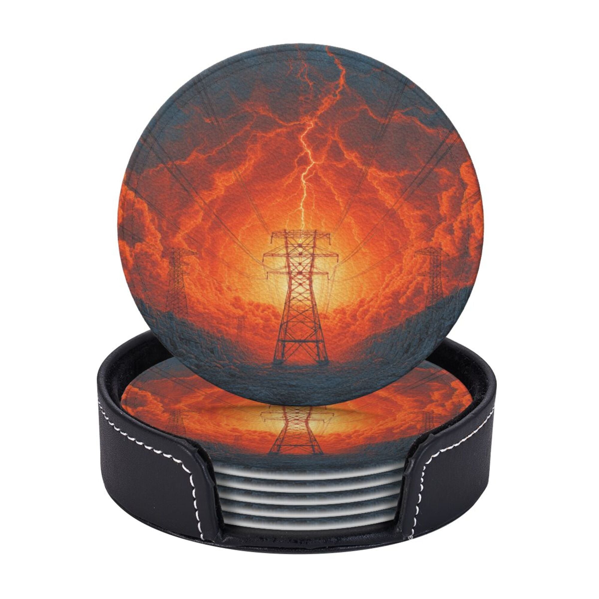 6 - Pack Round Leather Coasters: Lightning and Power Tower Pattern, Exquisite Storage, Protecting the Desktop