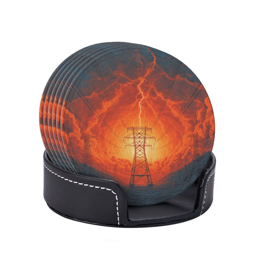 6 - Pack Round Leather Coasters: Lightning and Power Tower Pattern, Exquisite Storage, Protecting the Desktop