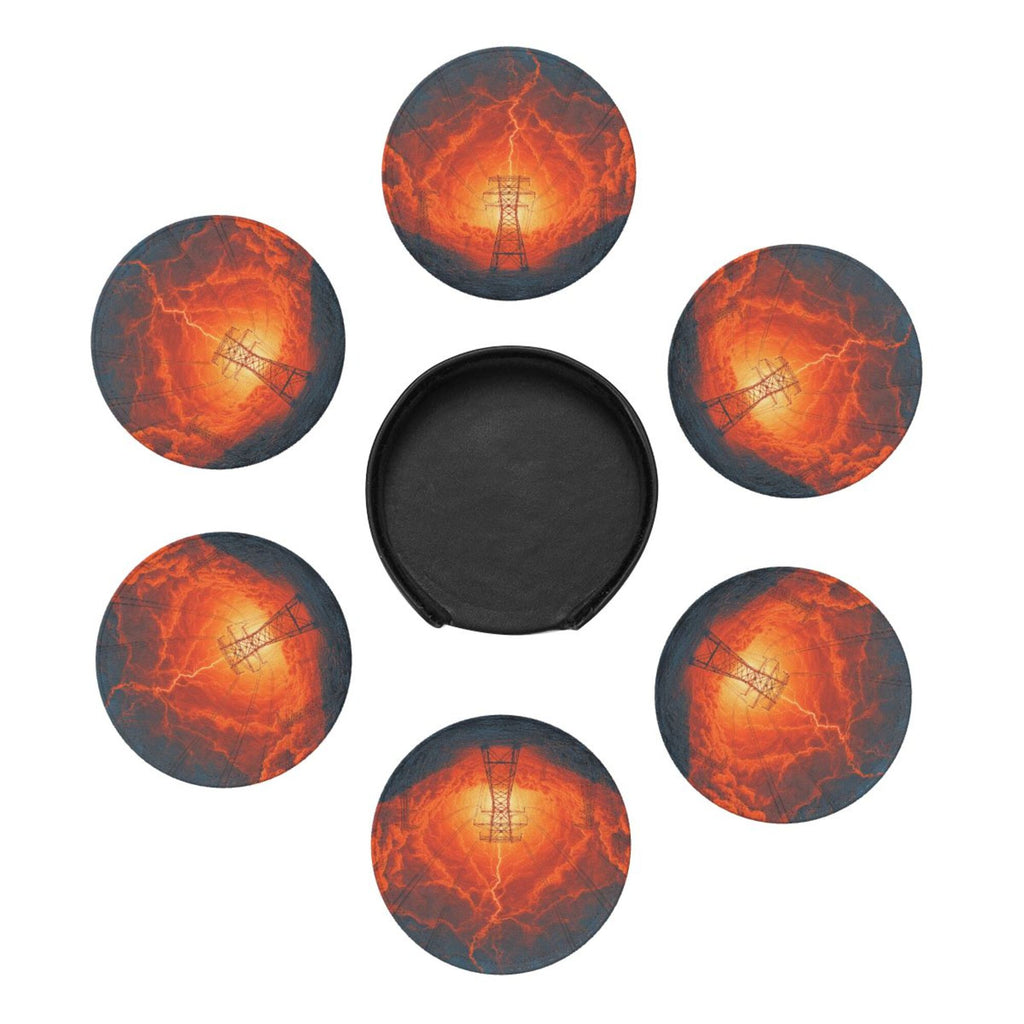 6 - Pack Round Leather Coasters: Lightning and Power Tower Pattern, Exquisite Storage, Protecting the Desktop