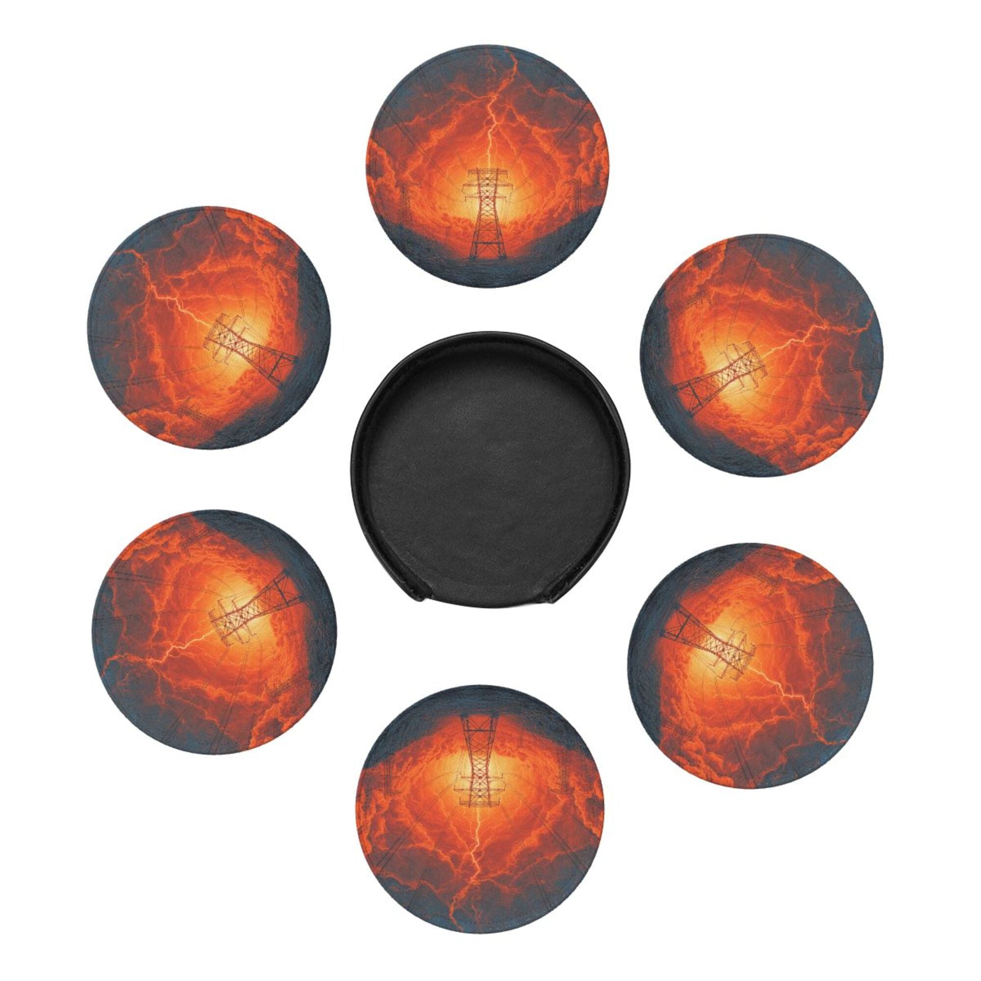 6 - Pack Round Leather Coasters: Lightning and Power Tower Pattern, Exquisite Storage, Protecting the Desktop