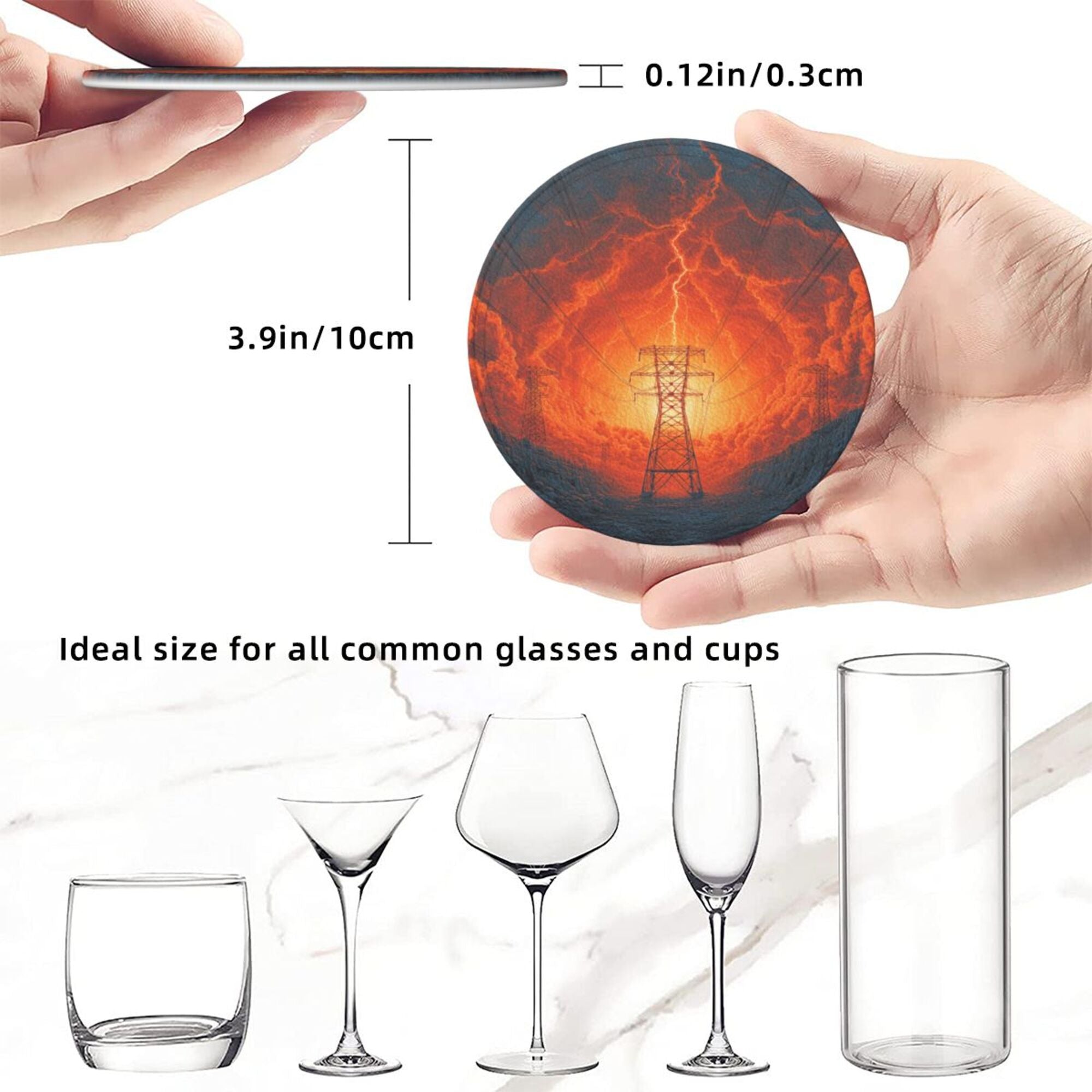 6 - Pack Round Leather Coasters: Lightning and Power Tower Pattern, Exquisite Storage, Protecting the Desktop