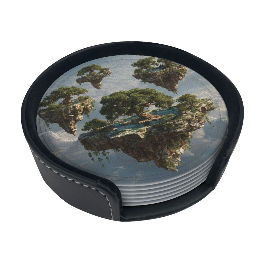 6 - Pack Round Leather Coasters: Floating Island Pattern, Exquisite Storage, Protecting the Desktop
