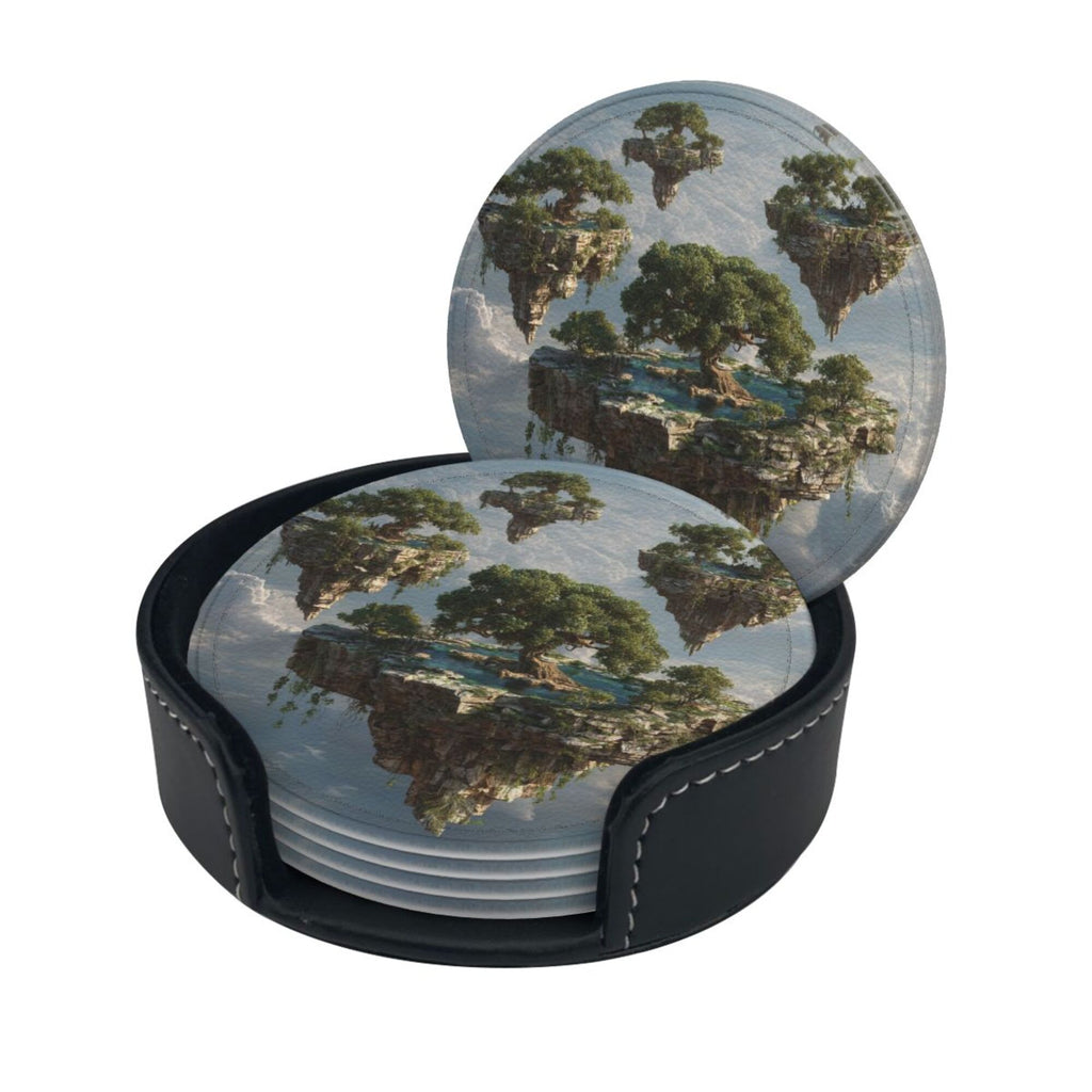 6 - Pack Round Leather Coasters: Floating Island Pattern, Exquisite Storage, Protecting the Desktop