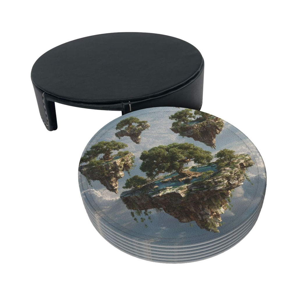 6 - Pack Round Leather Coasters: Floating Island Pattern, Exquisite Storage, Protecting the Desktop