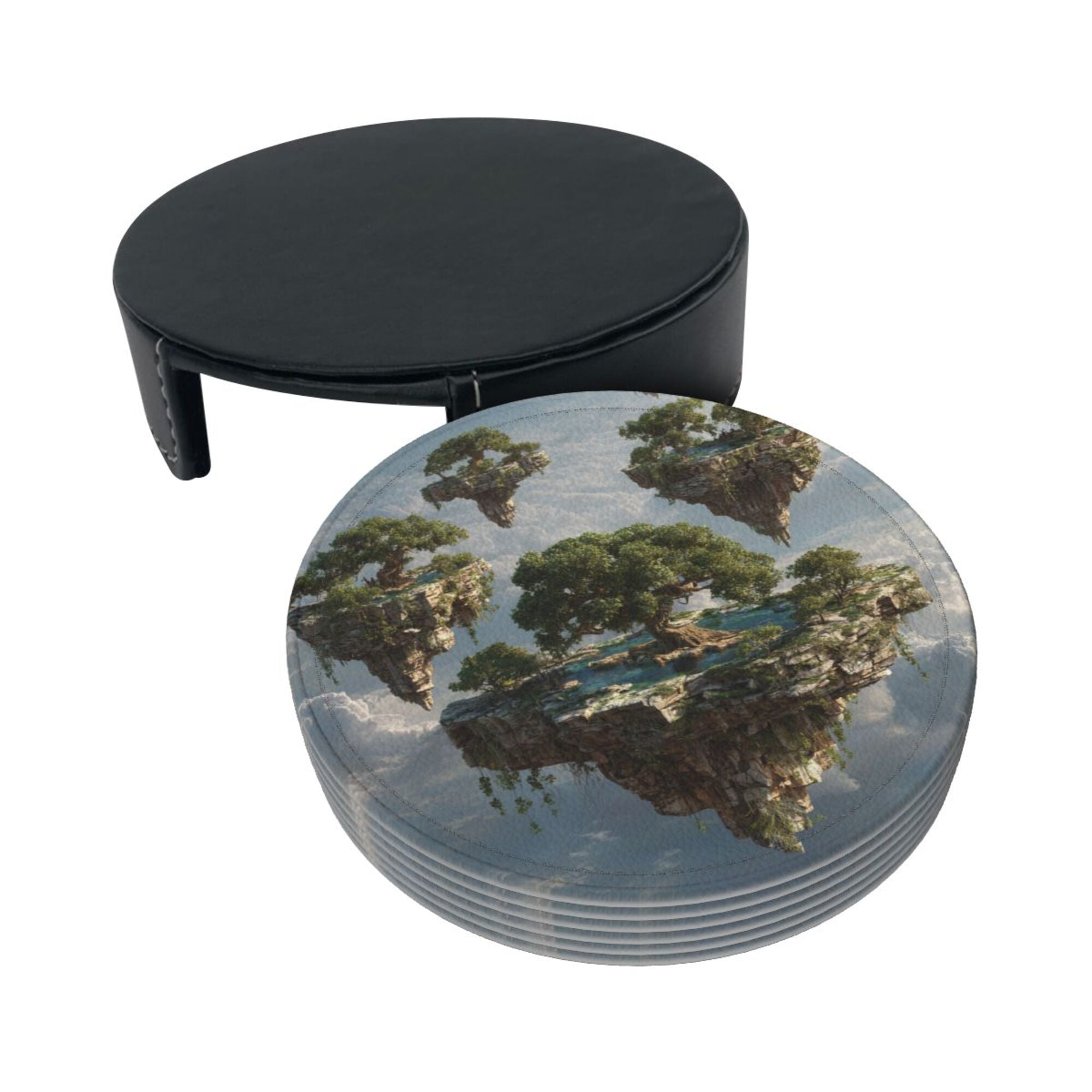 6 - Pack Round Leather Coasters: Floating Island Pattern, Exquisite Storage, Protecting the Desktop