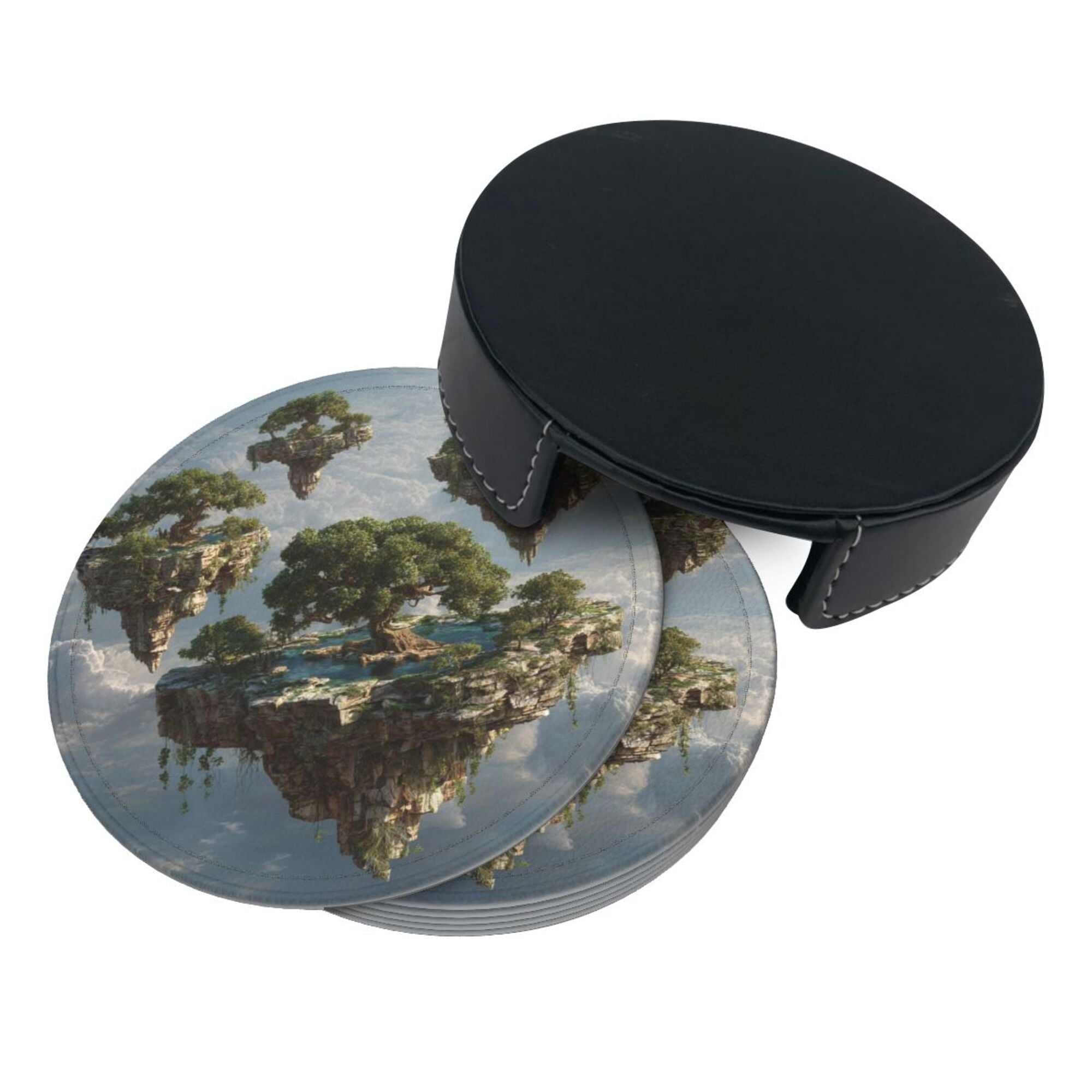 6 - Pack Round Leather Coasters: Floating Island Pattern, Exquisite Storage, Protecting the Desktop