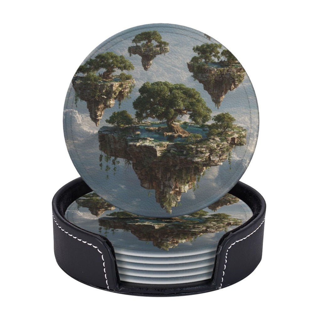 6 - Pack Round Leather Coasters: Floating Island Pattern, Exquisite Storage, Protecting the Desktop