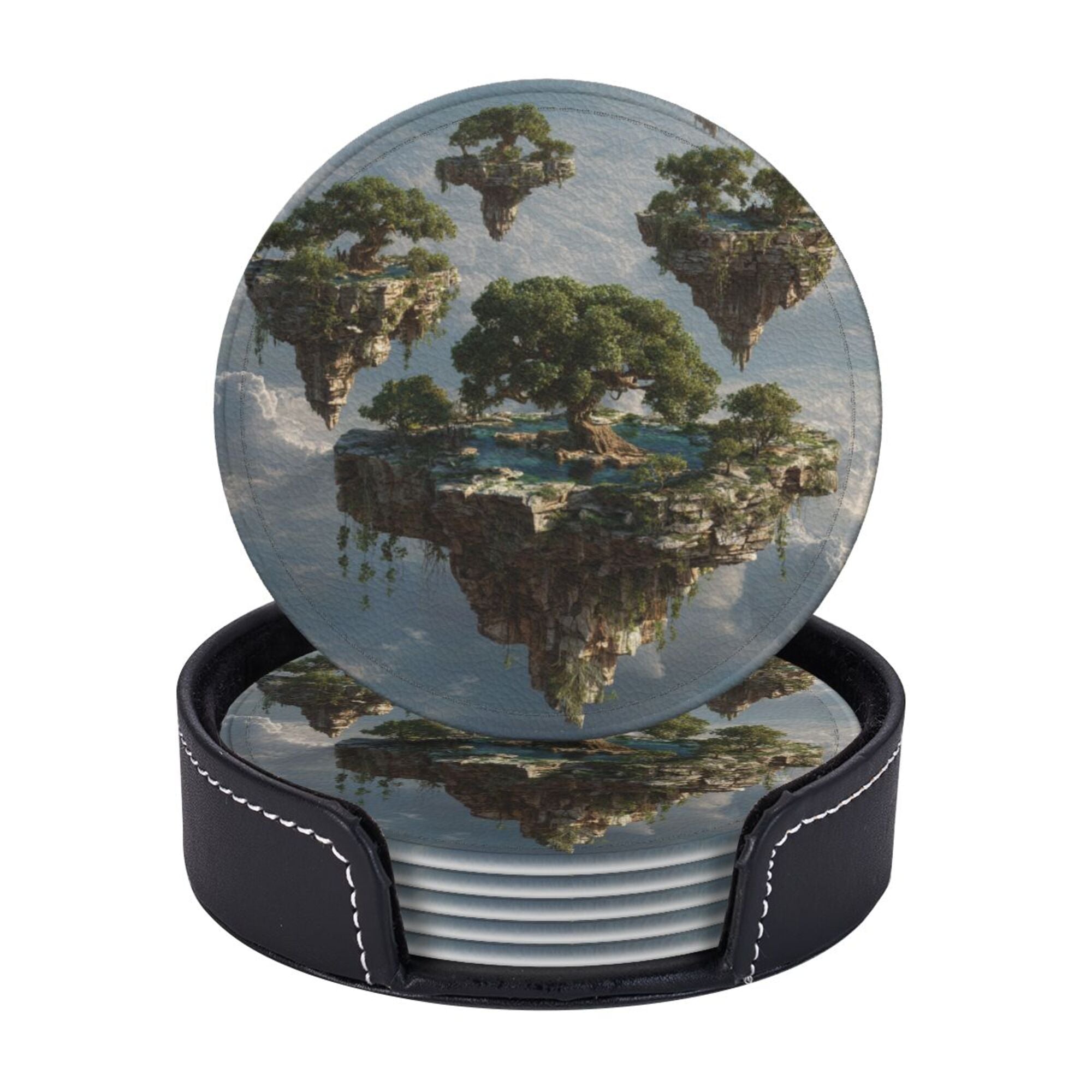 6 - Pack Round Leather Coasters: Floating Island Pattern, Exquisite Storage, Protecting the Desktop