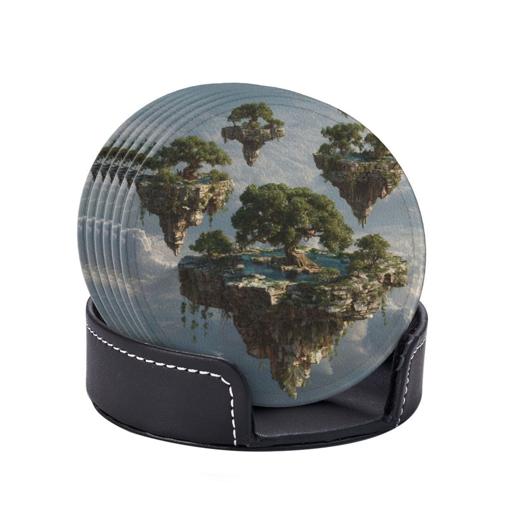 6 - Pack Round Leather Coasters: Floating Island Pattern, Exquisite Storage, Protecting the Desktop