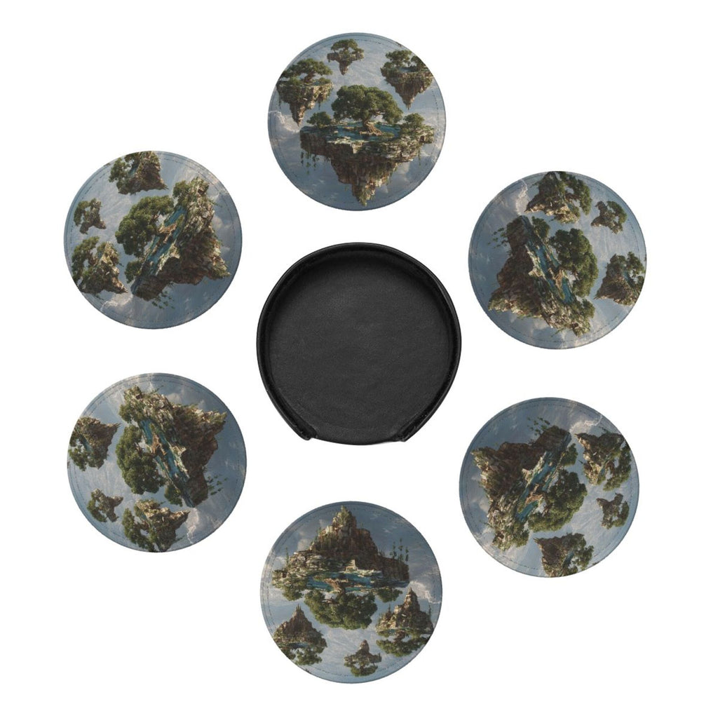 6 - Pack Round Leather Coasters: Floating Island Pattern, Exquisite Storage, Protecting the Desktop