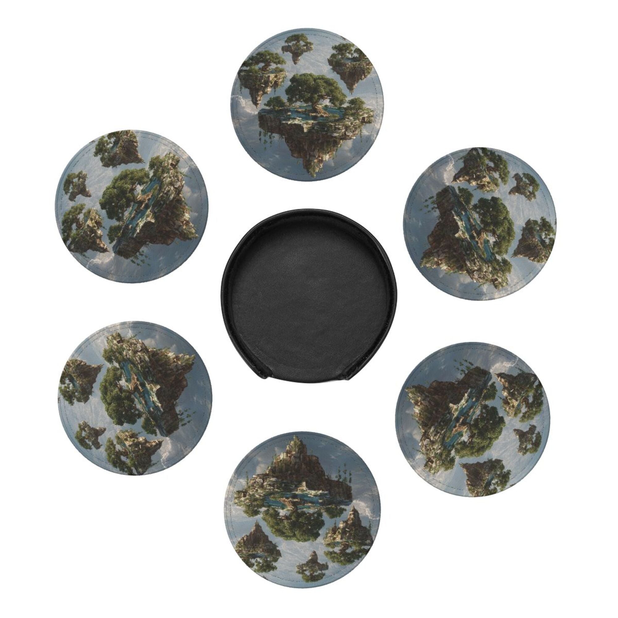 6 - Pack Round Leather Coasters: Floating Island Pattern, Exquisite Storage, Protecting the Desktop