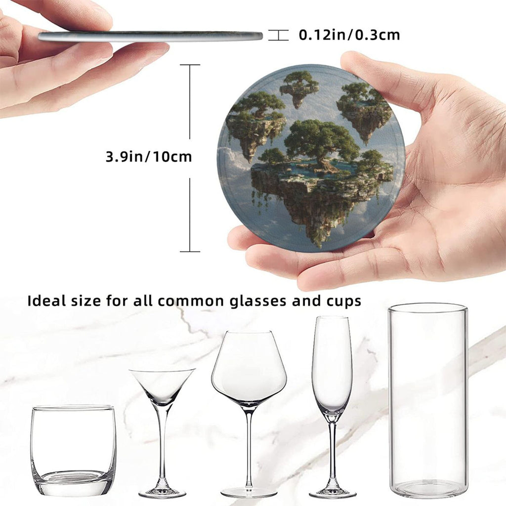 6 - Pack Round Leather Coasters: Floating Island Pattern, Exquisite Storage, Protecting the Desktop