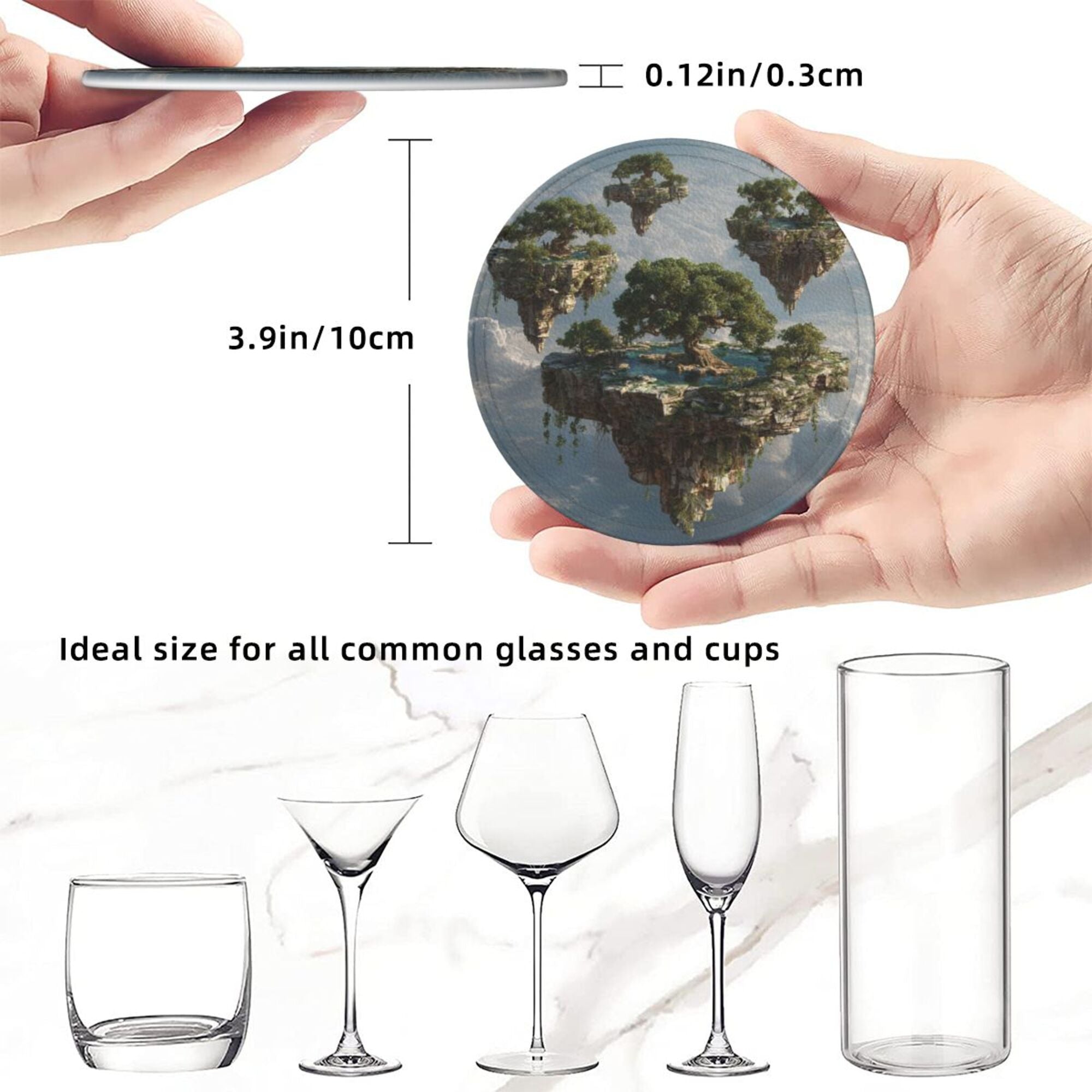 6 - Pack Round Leather Coasters: Floating Island Pattern, Exquisite Storage, Protecting the Desktop